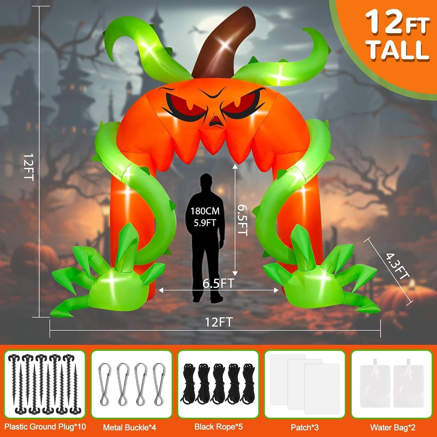Detalle 2 de Kalolary-Y319 12FT Halloween Pumpkin Arch Inflatable with Multicolor LEDs