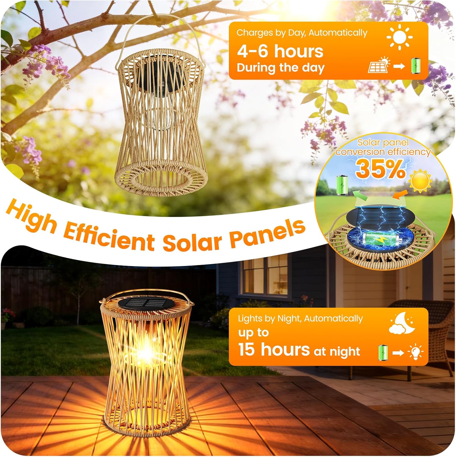 Thumbnail 3 de AOUNQ Solar Lights Outdoor Garden Ornaments – 2 Pack Vintage Rattan Hanging Solar Lanterns (Auto On/Off, IP65)