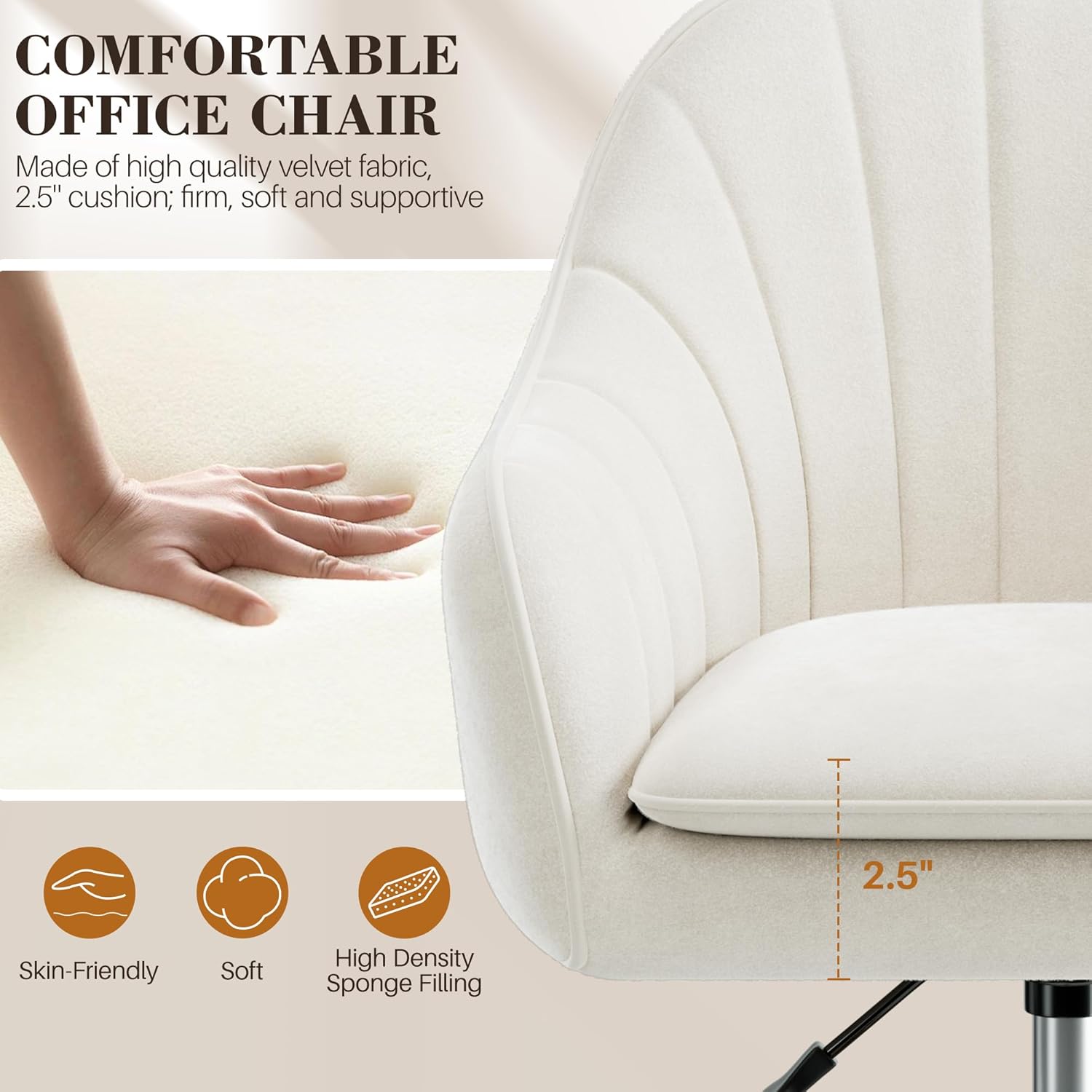 Detalle 2 de BestEra P10 Velvet Vanity Chair with Wheels, Adjustable Height, Beige