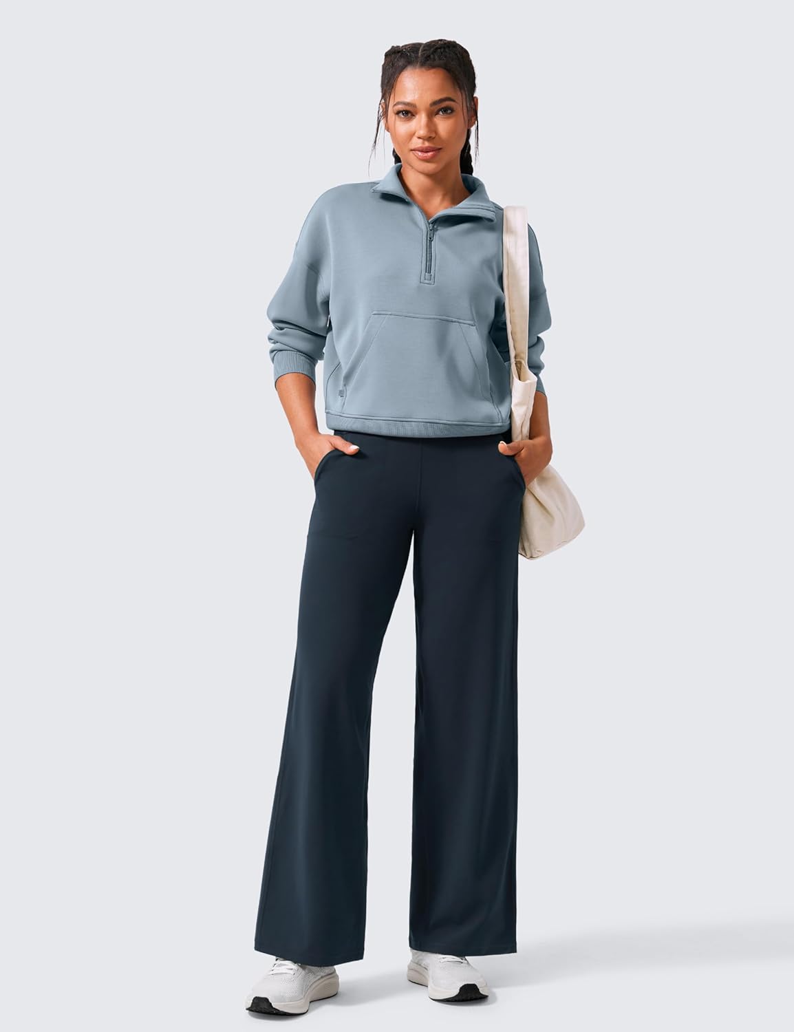 Detalle de CRZ YOGA Donna Butterlift A Vita Alta: Pantaloni a Gamba Larga con Tasche, comodità casual per l’uso quotidiano
