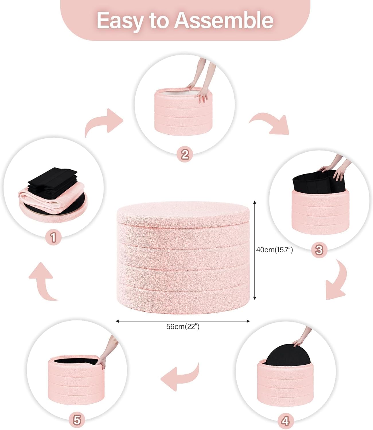 Thumbnail 5 de Bonlife Extra Large Folding Round Ottoman with Storage (Boucle) – Pink, 56 x 56 x 40cm