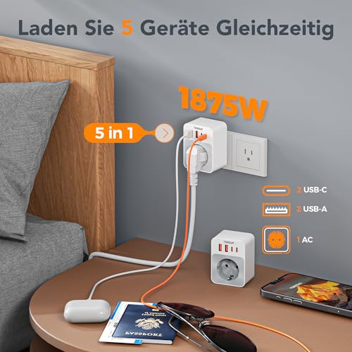 Detalle de TESSAN 2er Pack Klappbarer USA Adapter Steckdose mit 4 USB