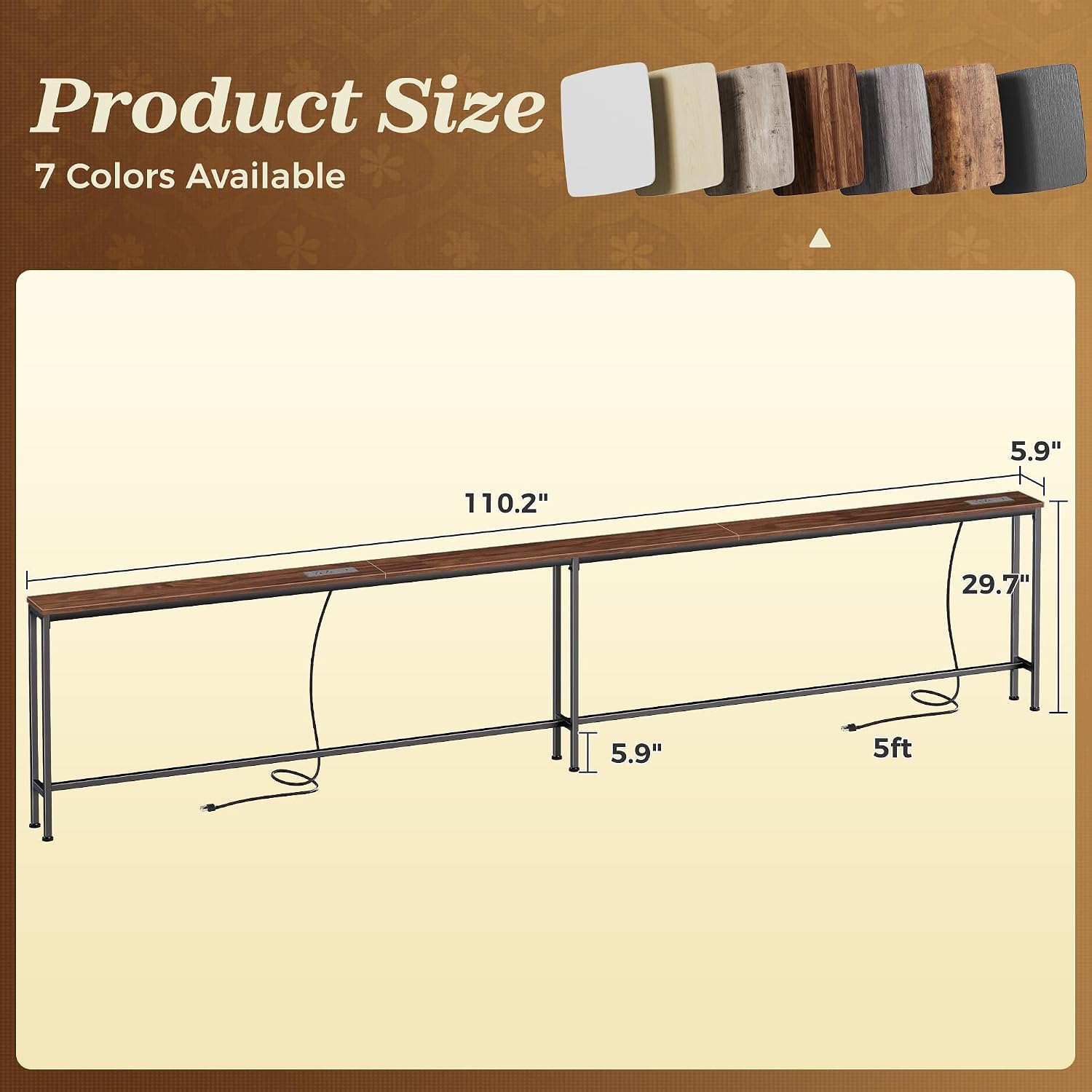 Thumbnail 1 de SUPERJARE 110.2 Inch Walnut Sofa Table with Built-in Power Outlets