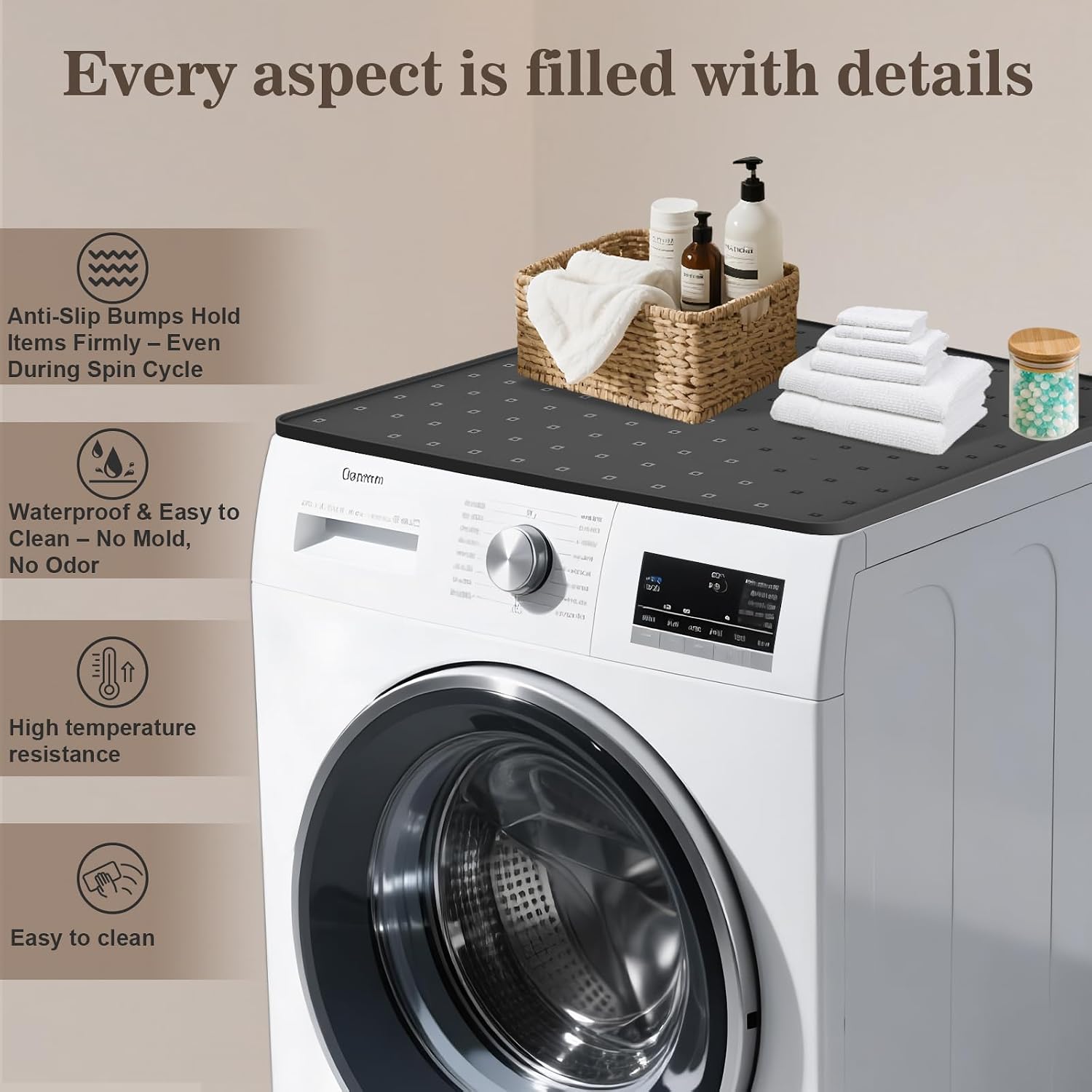 Detalle de Hugro Tarfive Black-26"x26"-2pc Washer Dryer Mat, 2-Pack Silicone Cover
