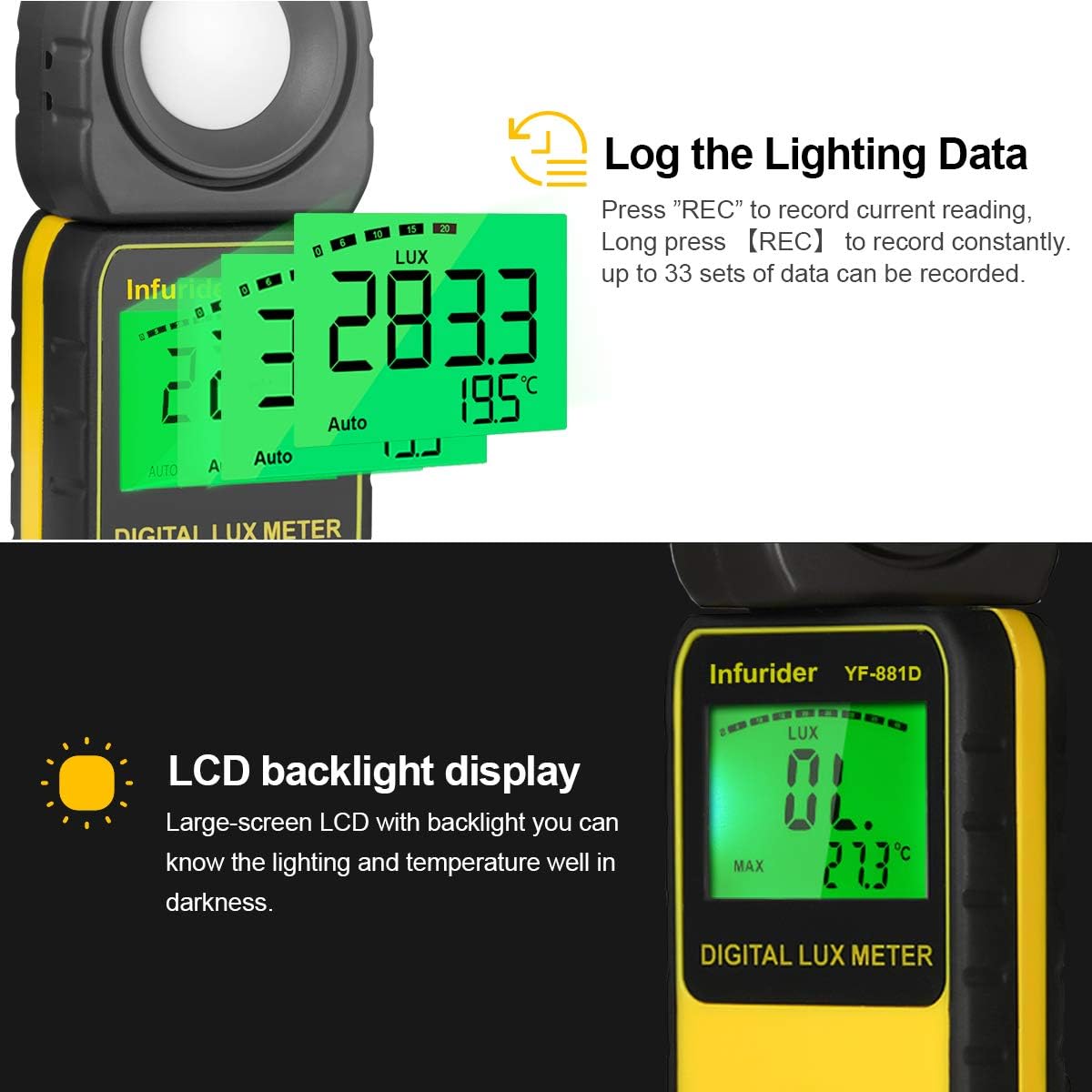 Thumbnail 1 de INFURIDER YF-881D Light Meter Lux Meter: Digital Illuminance with Rotatable Sensor