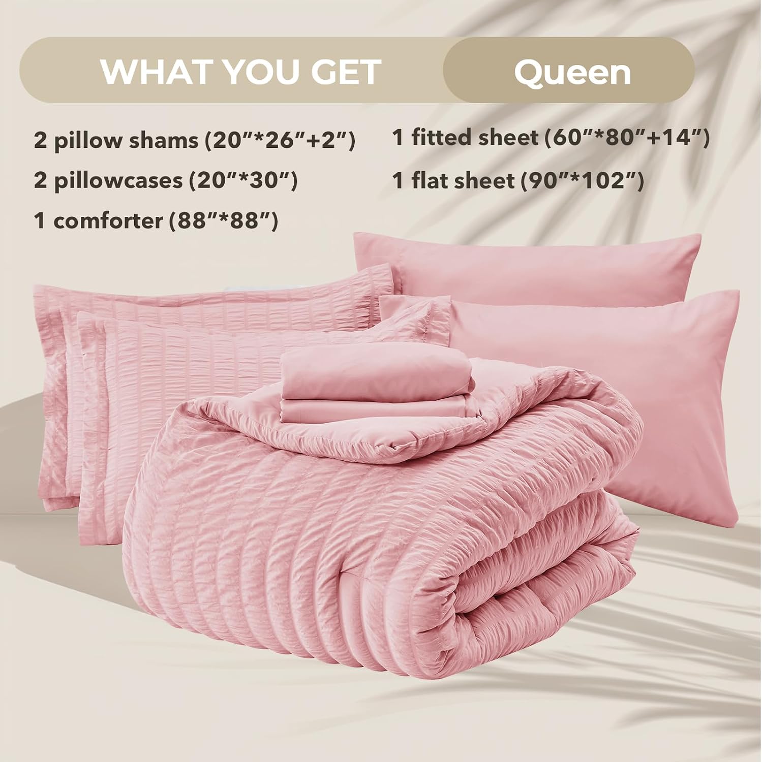 Detalle de HYMOKEGE Queen Seersucker Comforter Set, 7-Piece Pink Microfiber Bedding