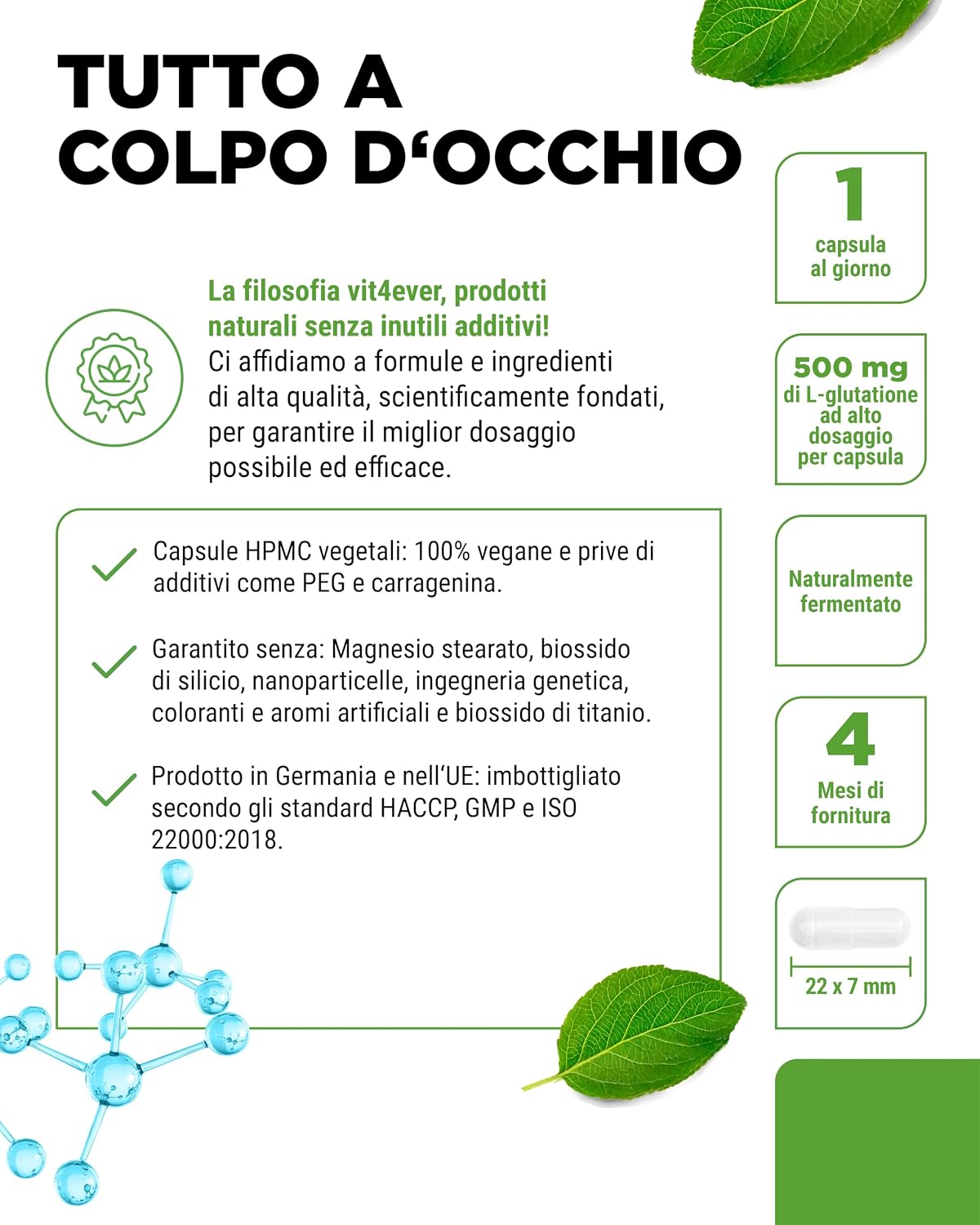 Detalle 2 de L-Glutatione ridotto 500 mg 120 capsule vegane premium (fermentazione)