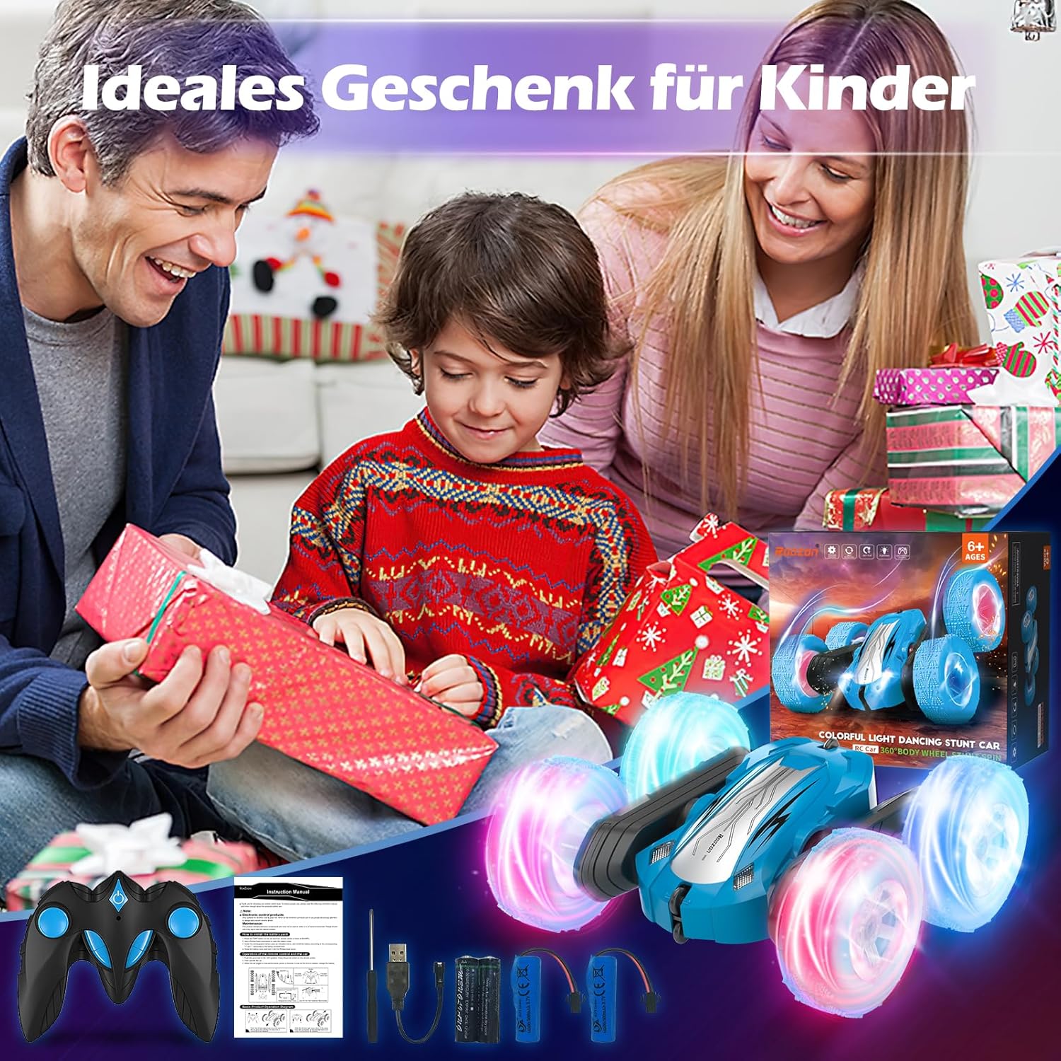 Detalle 2 de Rodzon Ferngesteuertes Auto 360° Flip – LED-Räder, 2.4 GHz, ab 6 Jahren, Blau