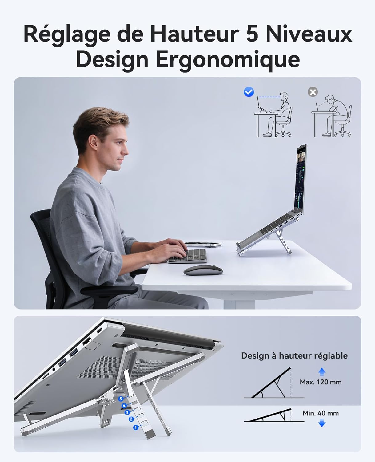 Detalle de ORICO PN1 Support pliable 3-en-1 aluminium pour PC portable, tablette et téléphone jusqu’à 17