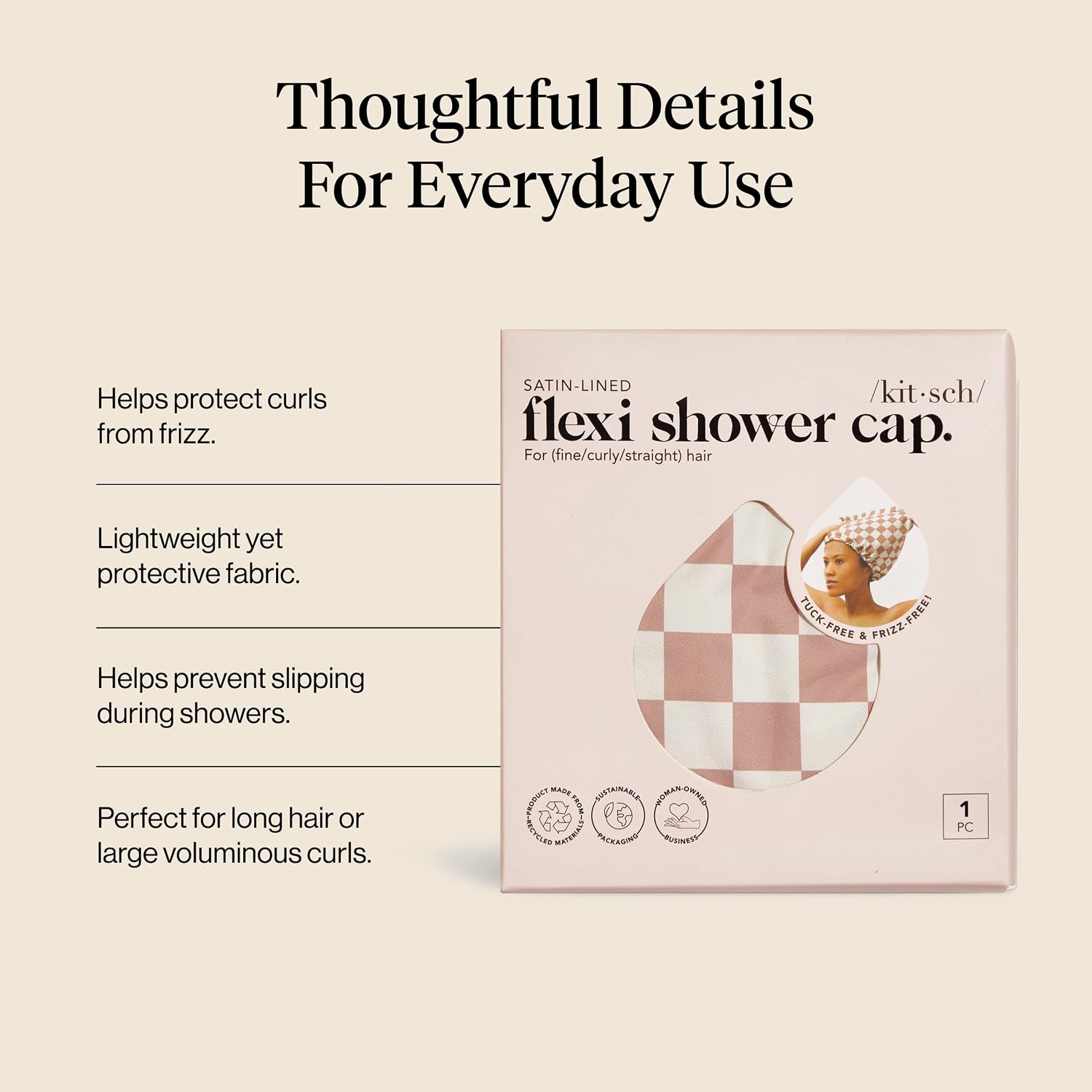 Detalle 1 de Kitsch 61418 Satin-Lined Flexi Shower Cap, Terracotta Checker