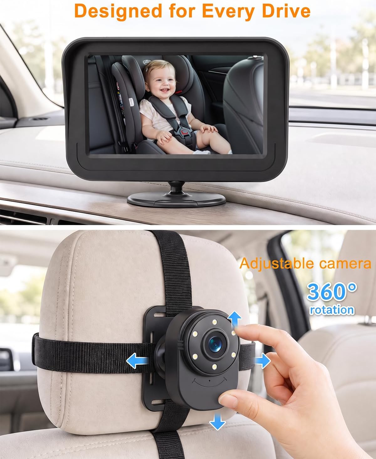 Detalle 1 de CUKIY 008 Baby Car Camera, 1080p Wired Monitor with 150° View