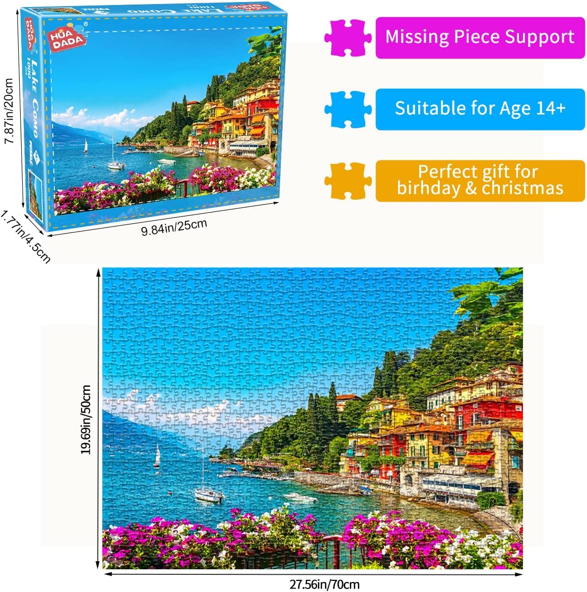 Detalle de HUADADA SQ0011 1000-Piece Lake Como Jigsaw Puzzle, 27.6" x 19.7