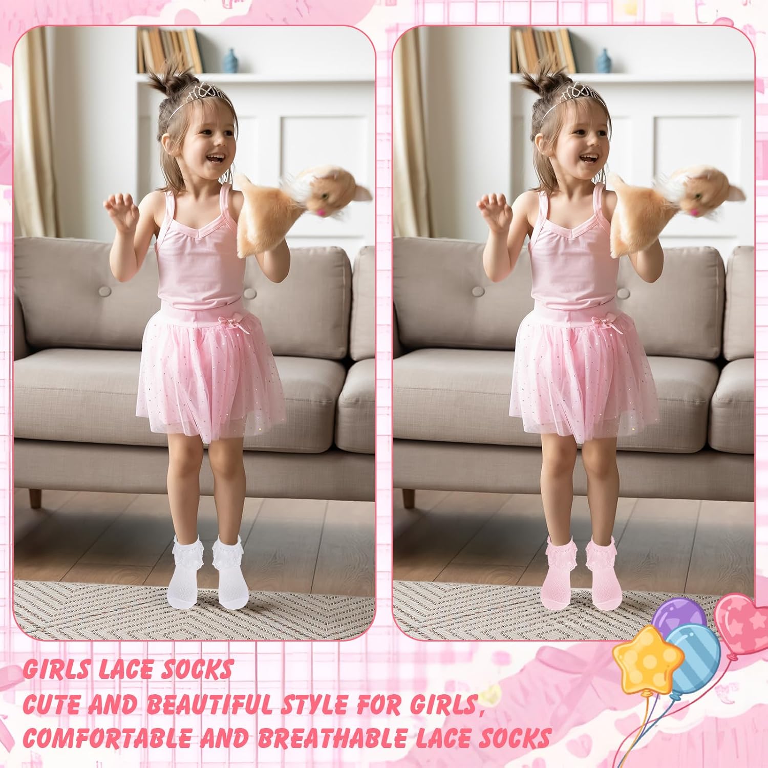 Thumbnail 6 de QKURT 6 Pairs Girls Frilly Ankle Socks with Multicolour Lace