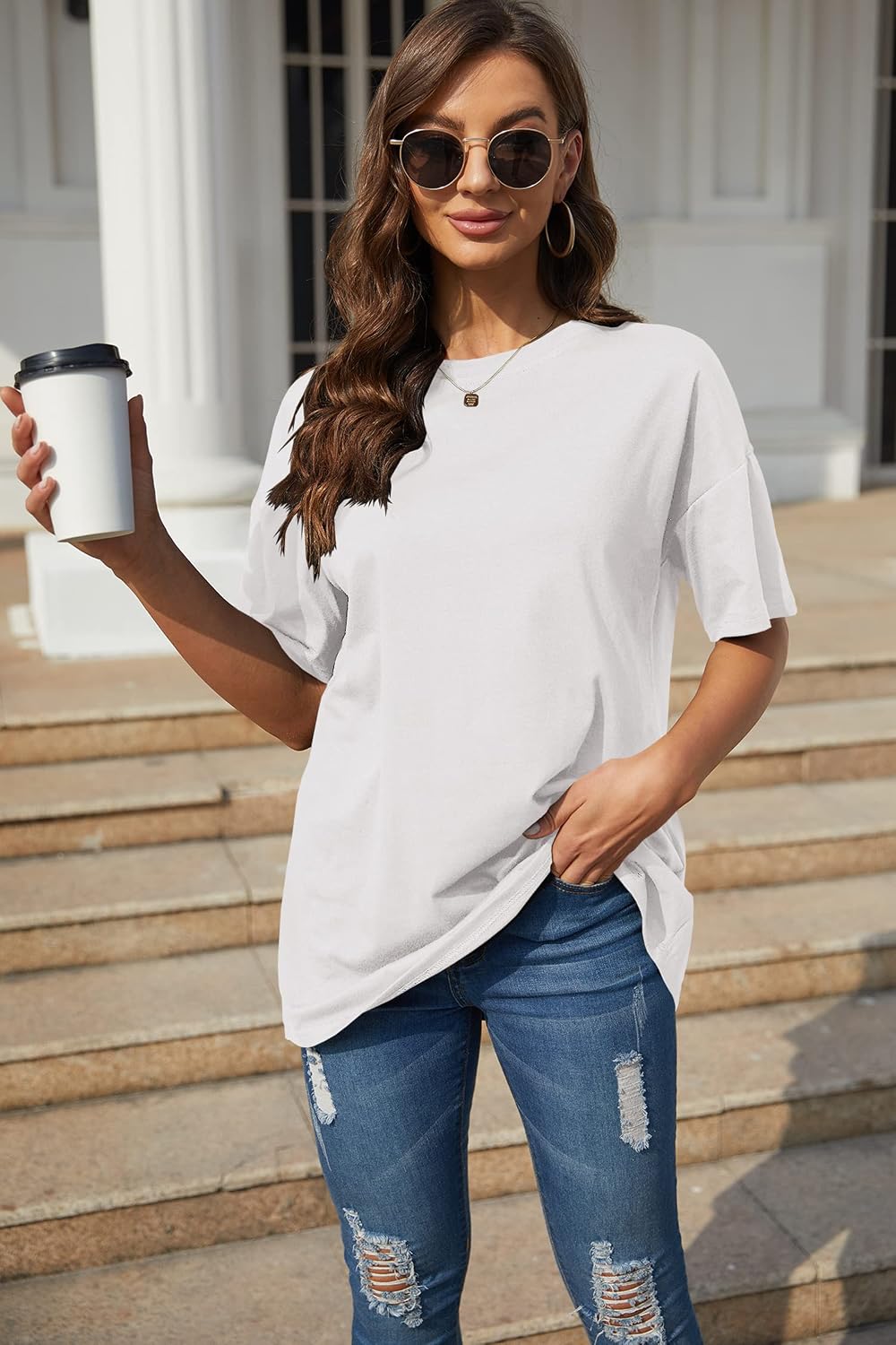 Detalle de Ebifin Damen Oversize Rundhals T-Shirt – lockeres Basic-Top für Sommer