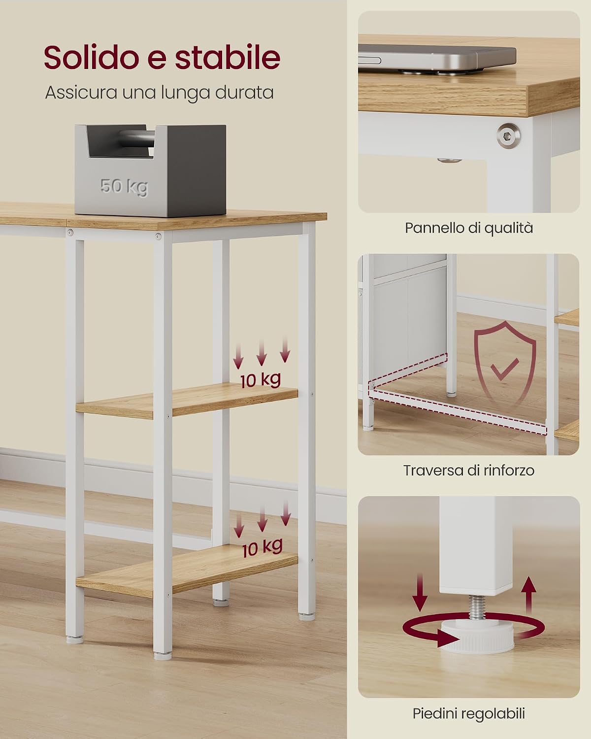 Detalle 2 de VASAGLE Scrivania per Computer LWD103YD01 – Scrivania industriale in Rovere Naturale e Bianco Opaco, 127 x 50 x 76 cm