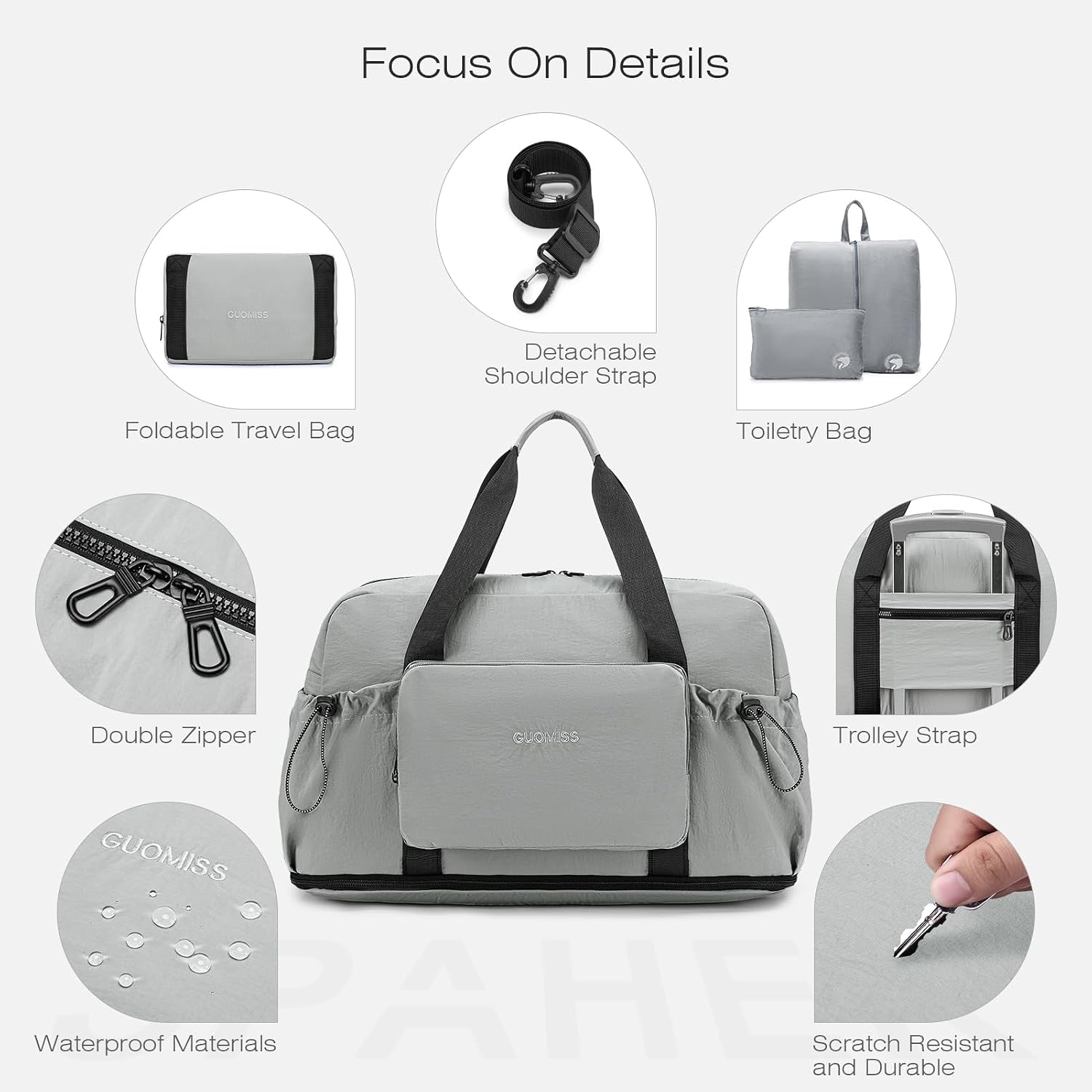 Detalle de SPAHER Large Travel Duffle: Foldable Cabin Bag with Wet Pocket and Two Included Toiletry Bags
