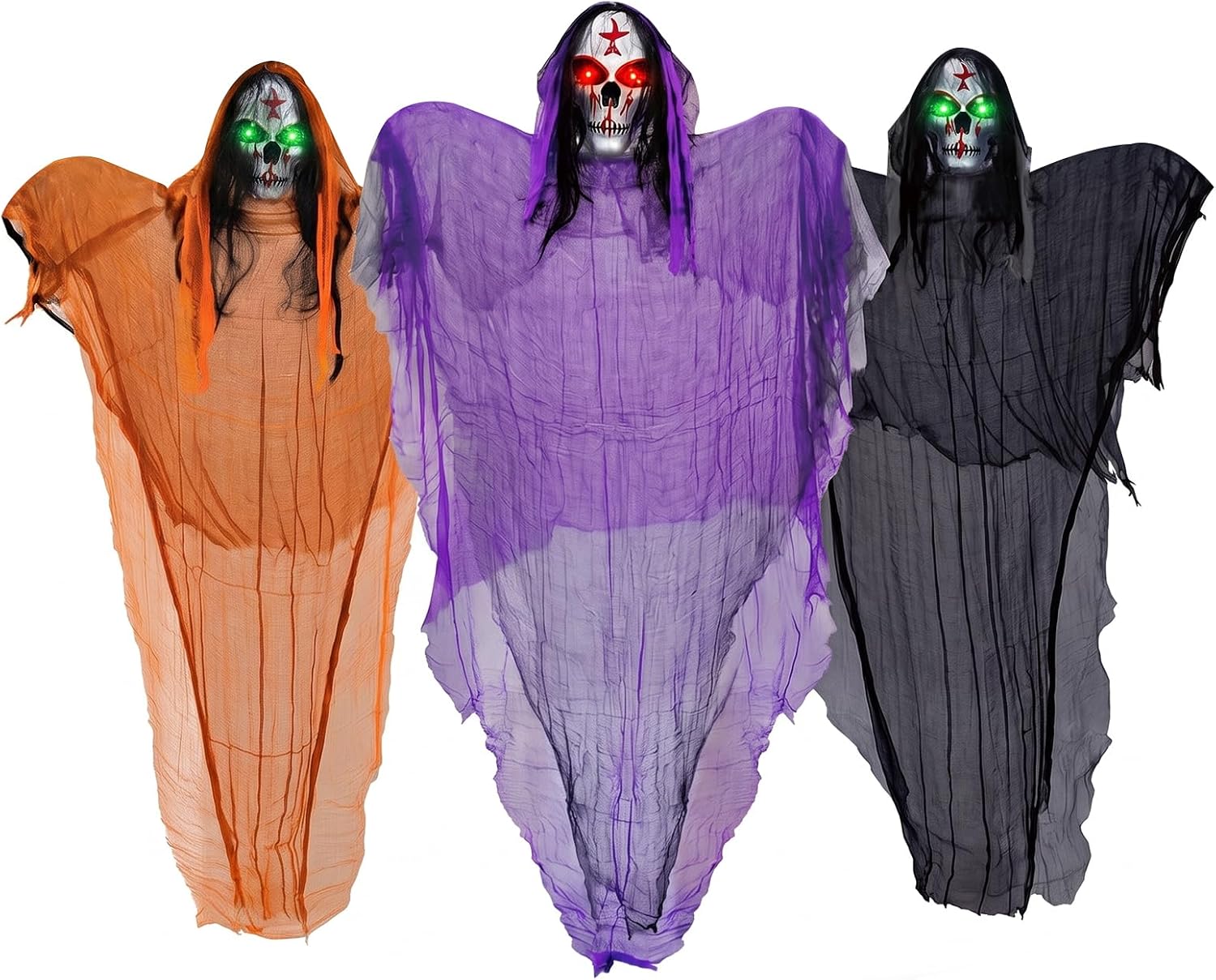 Detalle de BCLGSHINE BCL267001 3-Pack Lighted Hanging Skeleton Ghosts, Red & Green Eyes