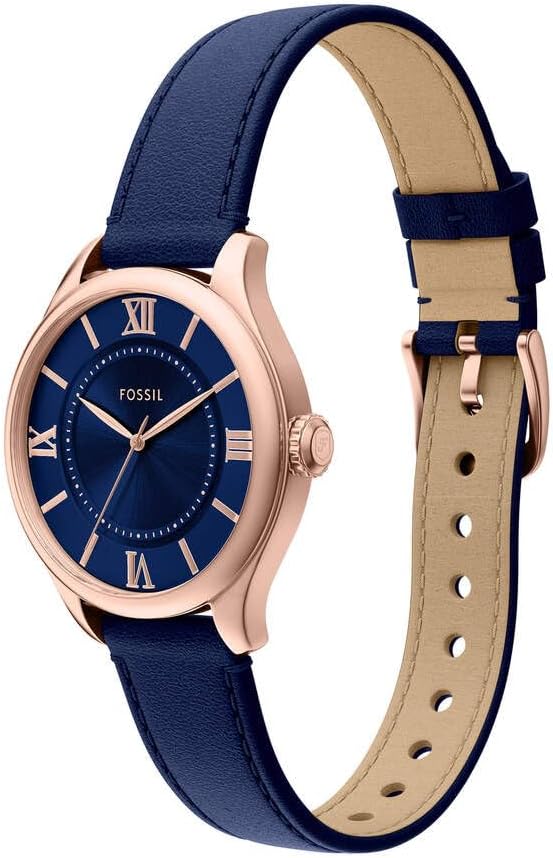 Detalle de FOSSIL Gilmore Damen-Armbanduhr – Quarz, roségoldenes Gehäuse, blaues Zifferblatt und blaues Lederarmband
