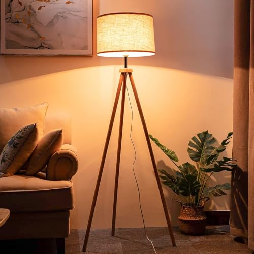 Detalle de NIKYJM Lámpara de Pie Trípode de Madera con Bombilla E27 12W: 3 Colores y Control Remoto