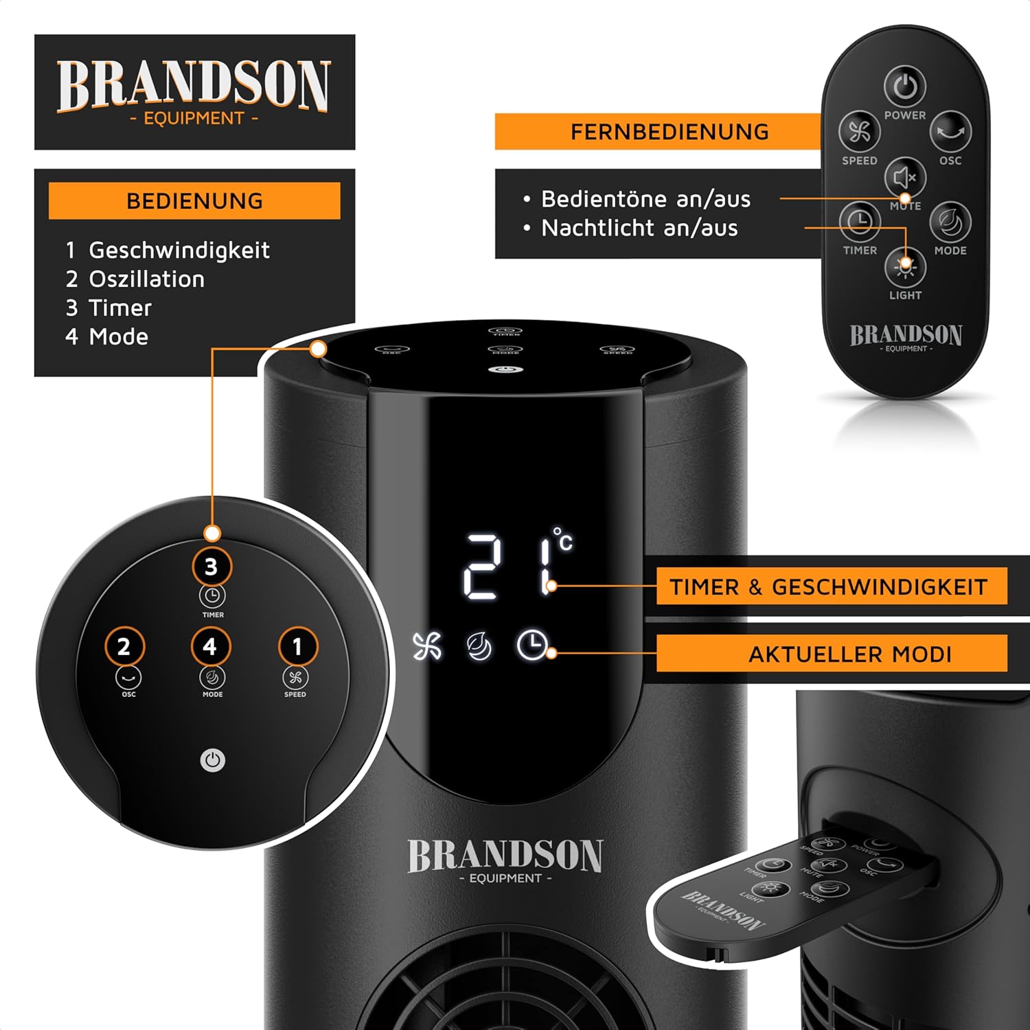Detalle de Brandson DC-Turmventilator ECO DC – leise, energiesparend und vielseitig