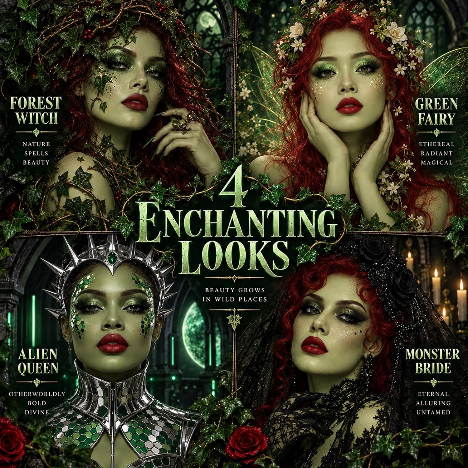 Detalle 2 de Paminify Halloween Green Ivy Makeup Set with Green Paint, Glitter and Lashes