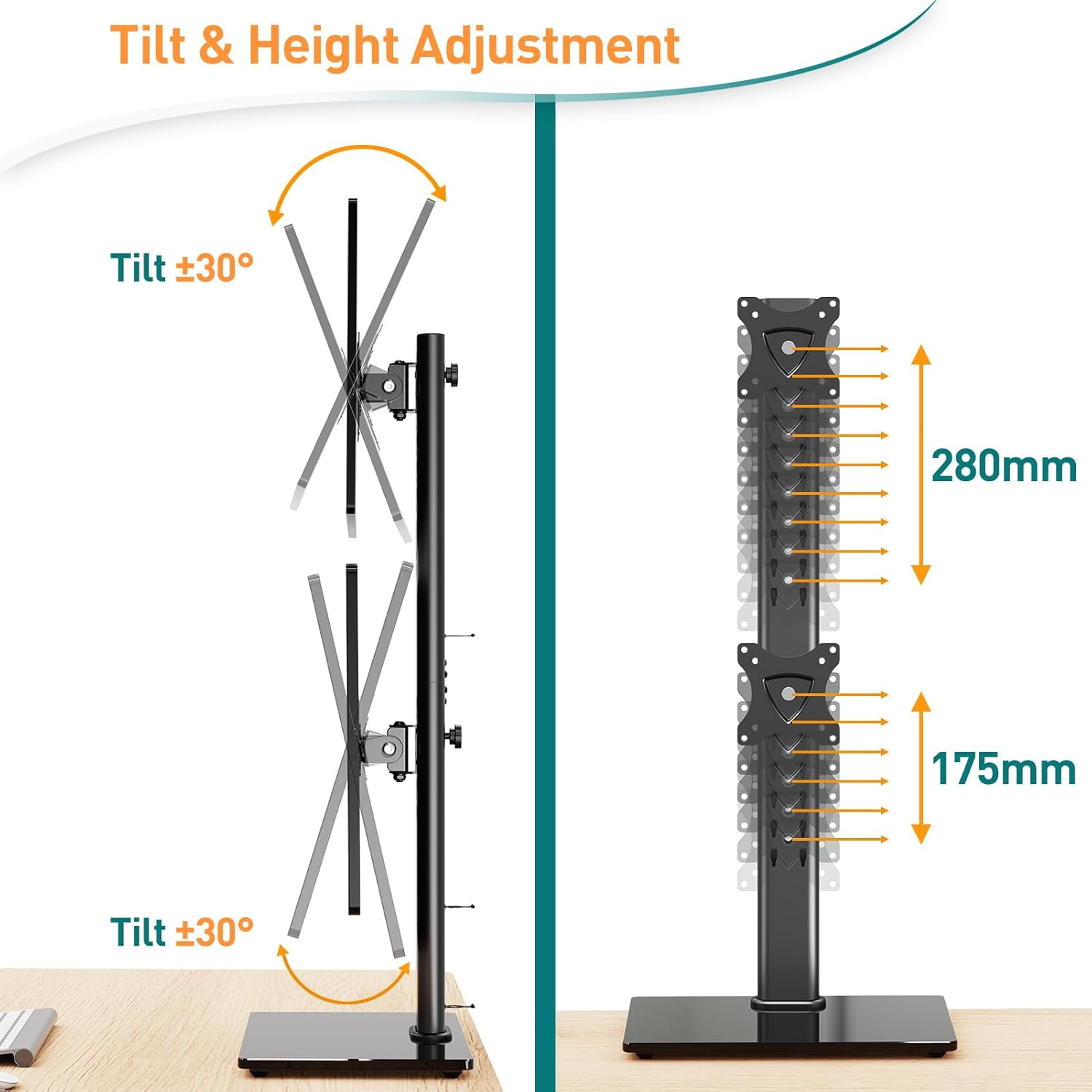 Thumbnail 2 de ELIVED Supporto doppio per monitor da scrivania – braccio verticale 13–32" con VESA 75x75/100x100 mm, 360°, fino a 15 kg per braccio