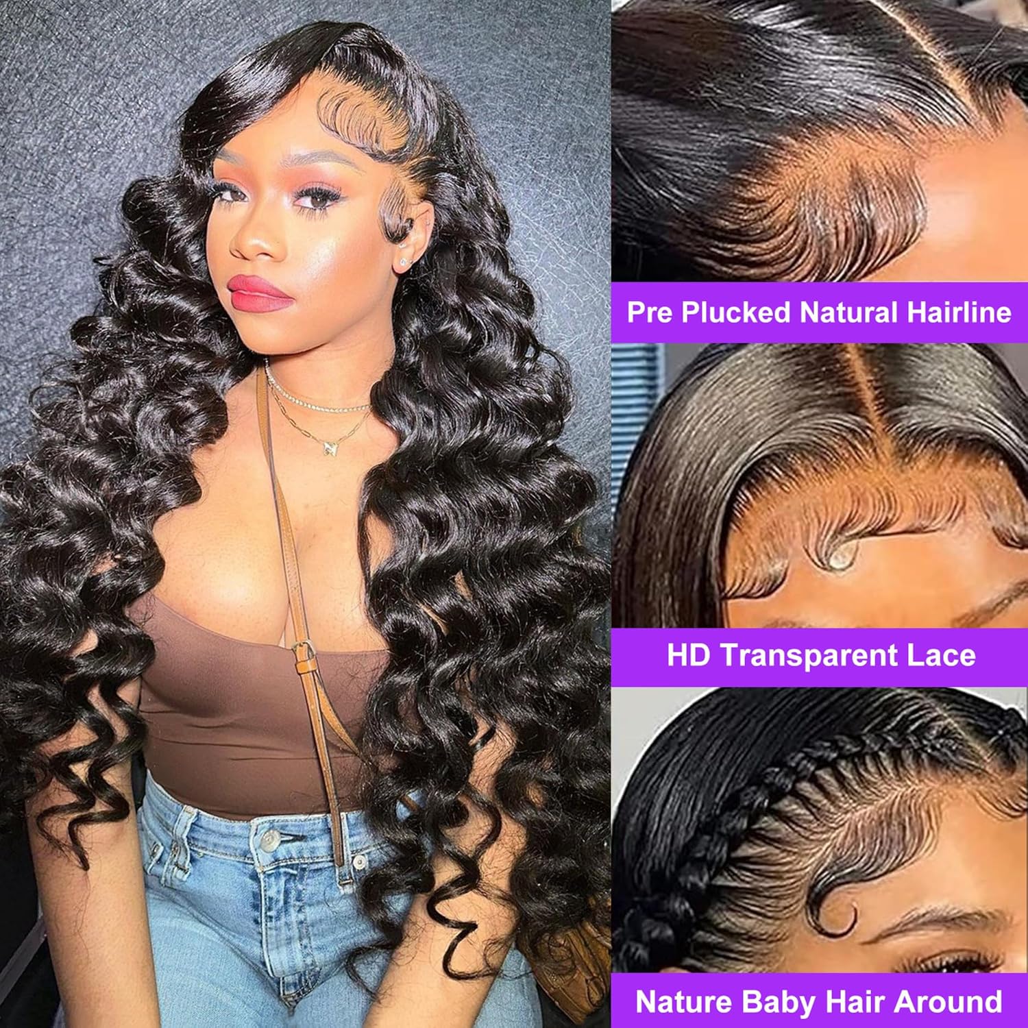 Detalle 2 de NKTU Deep Wave Lace Front Wig 180 Density