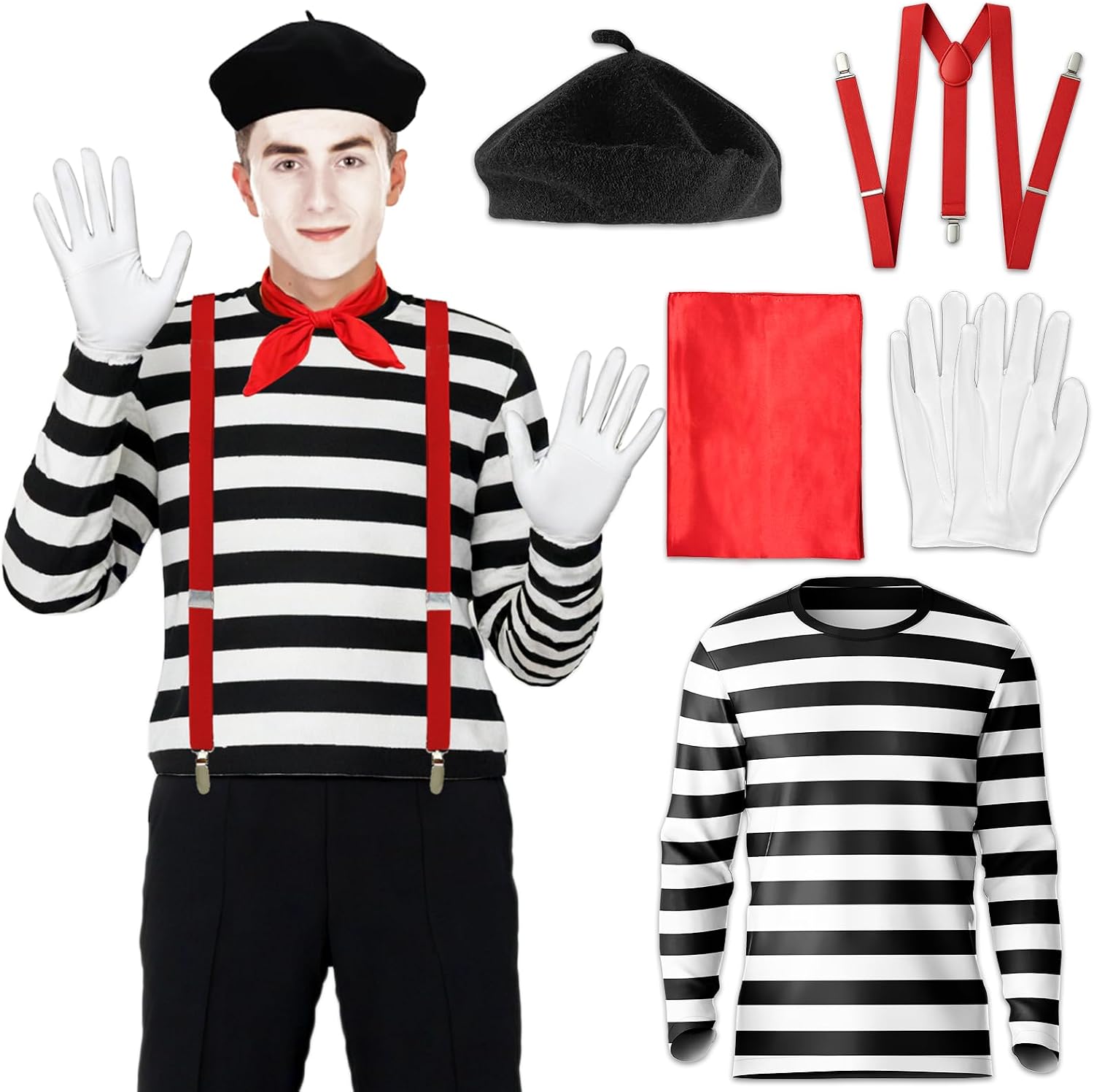 Detalle de Men's 5-Piece French Mime Costume with Striped Shirt and Accessories