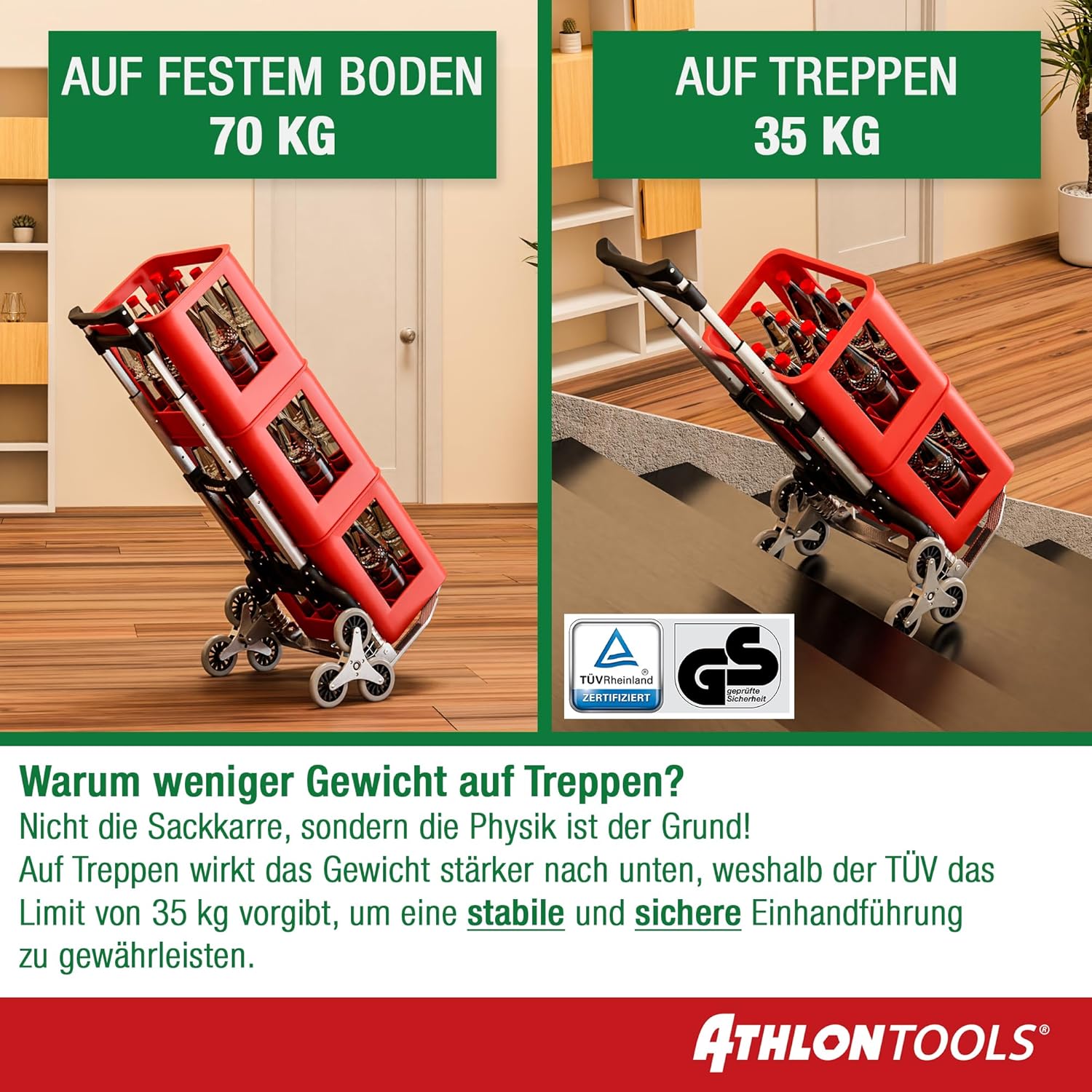 Thumbnail 4 de ATHLON TOOLS Treppensteiger Sackkarre klappbar – Aluminium, TÜV geprüft, 110 cm Griff, Ladefläche 39×28 cm