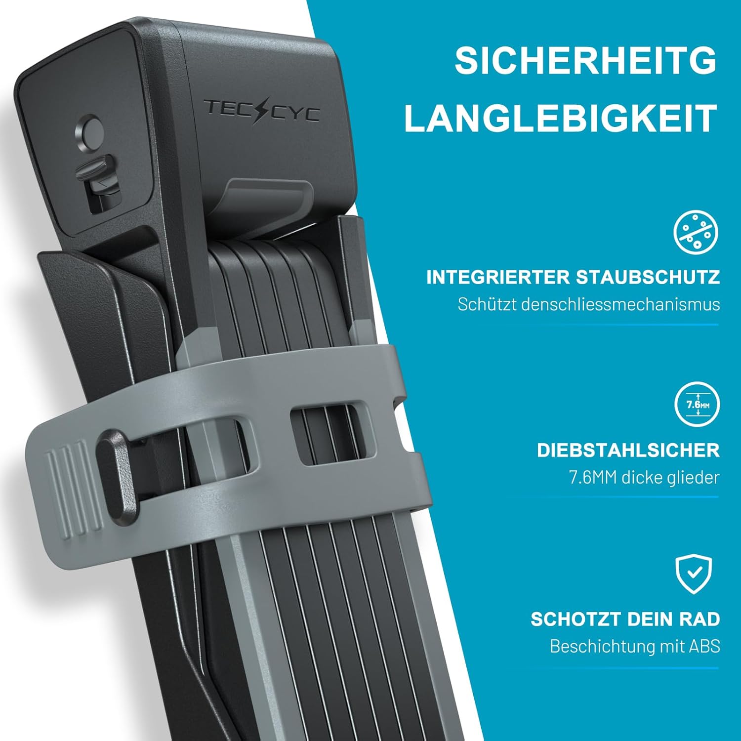 Detalle 1 de TECHCYC Faltschloss für Fahrräder mit 3 Schlüsseln, gehärteter Carbonstahl & Halterung (120 cm)