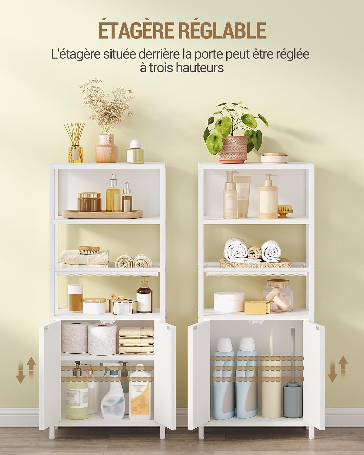 Thumbnail 4 de Hzuaneri meuble de salle de bain blanc avec 2 portes, étagère ouverte et plateau métallique aéré (20 x 38 x 90 cm) BC42903WV1