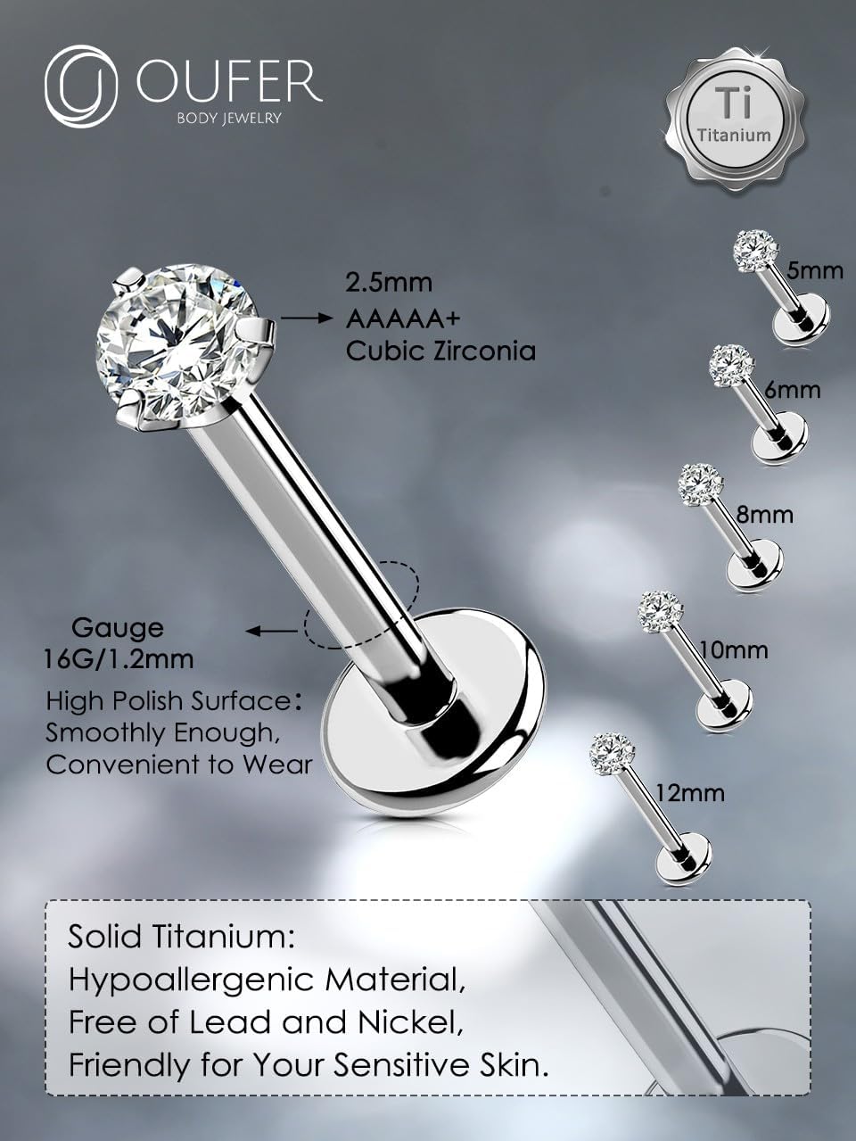Thumbnail 3 de OUFER Lip Bar Titanium Push in 16G 5–12mm