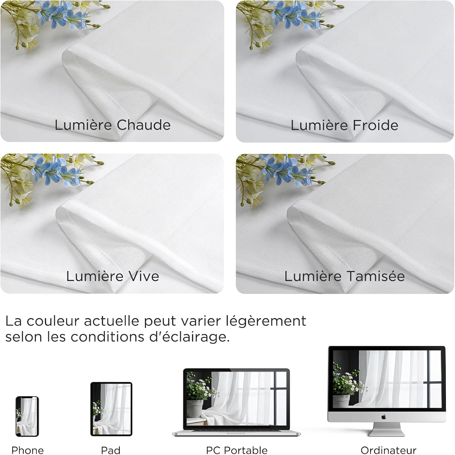 Detalle de Joydeco Lot de 2 Rideaux Voilages Blanc 140x160cm avec Galon Fronceur – NB: Crochets non inclus