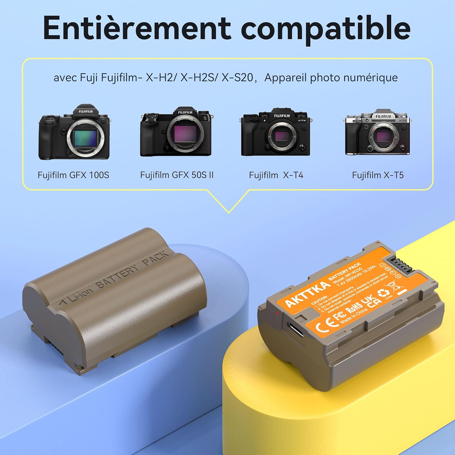 Detalle de Kit AKTTKA NP-W235 – 2x 2600 mAh avec station de charge USB-C pour Fuji X-T4/X-T5 et GFX/X-H2S
