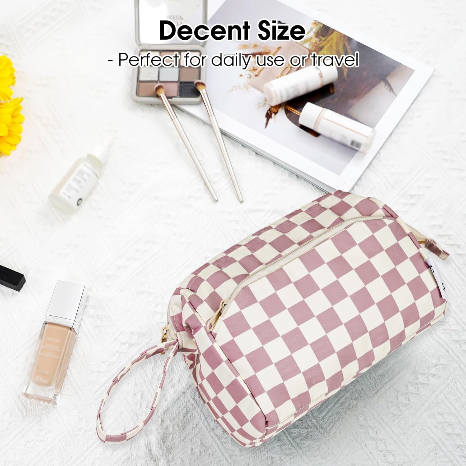 Thumbnail 5 de Narwey Large Makeup Bag – Wide-Open Zipper Pouch, Pink Checkerboard
