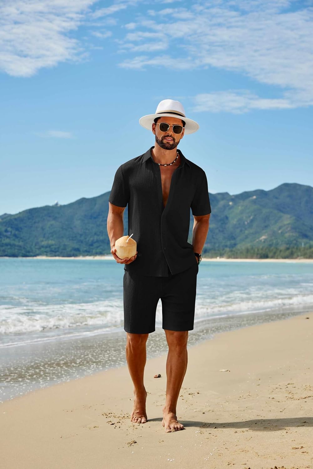 Detalle de COOFANDY Men’s 2-Piece Shirt and Beach Shorts Set, Lightweight Textured Fabric