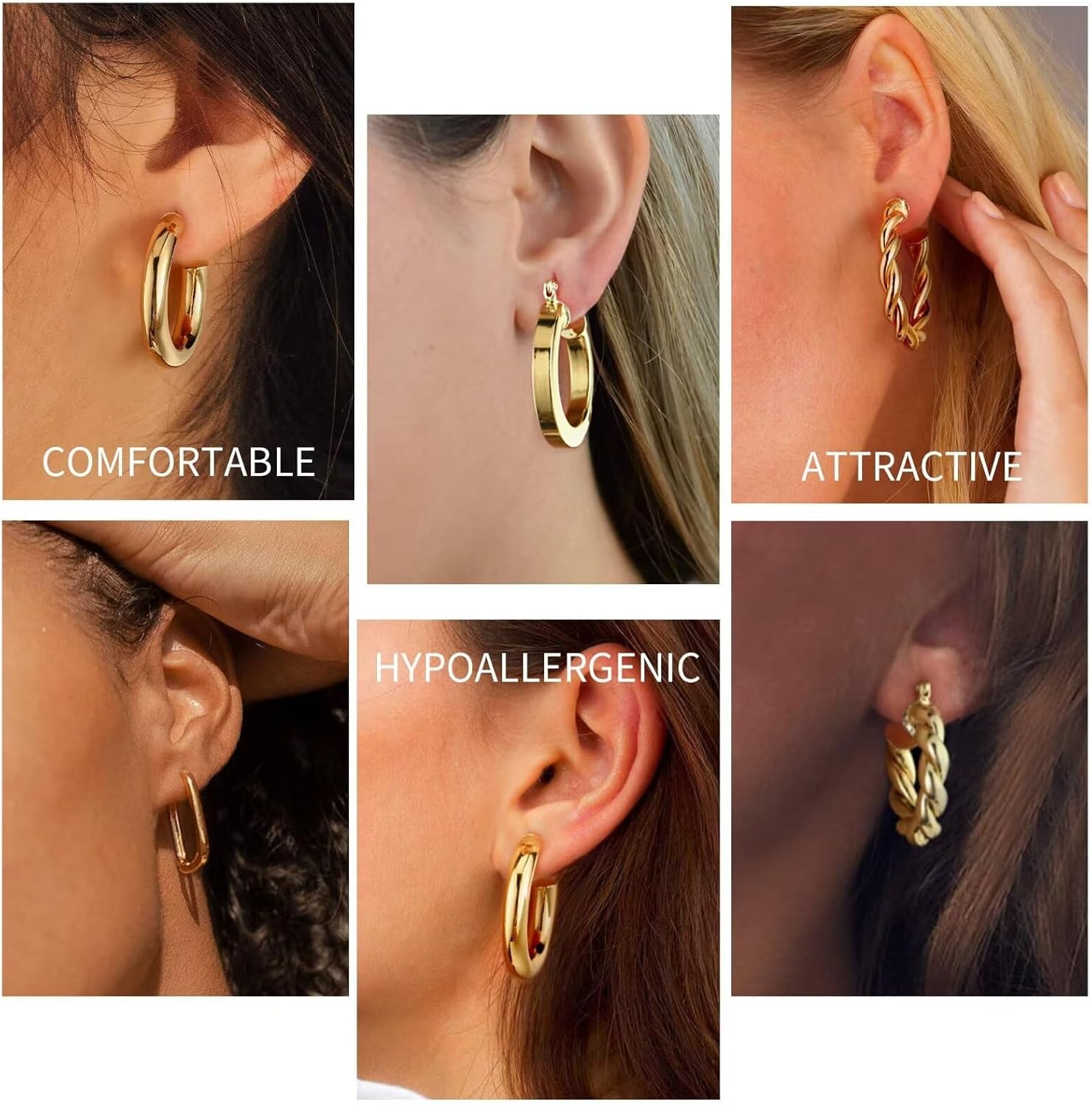 Detalle 2 de TINGN Boucles d'oreilles créoles épaisses – argent sterling 925 & plaqué or 14K, hypoallergéniques, 9 paires variées