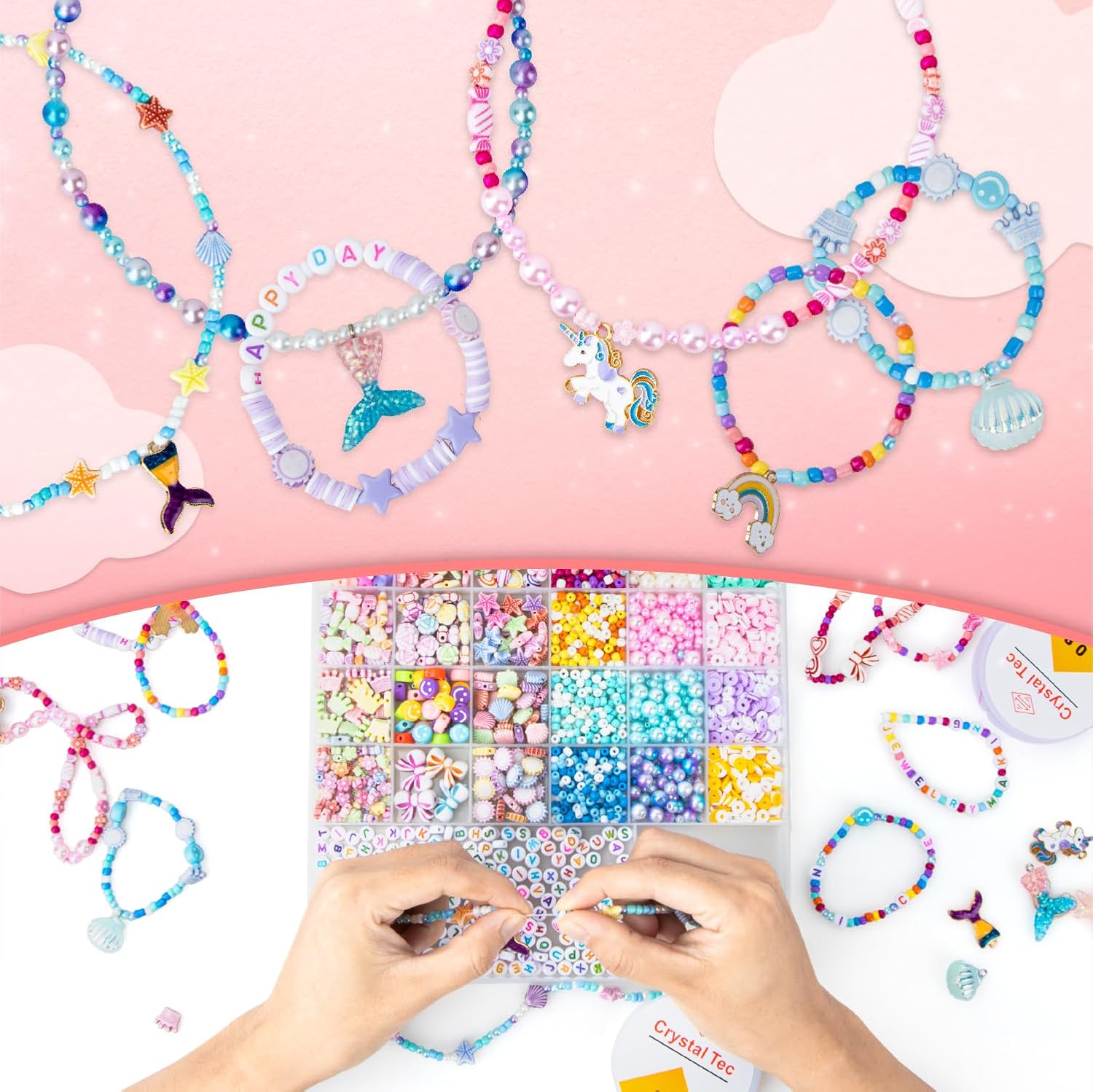 Detalle 2 de snookids Perlen für Armbänder Bastelset für Kinder ab 6 Jahren – über 2.200 Perlen, elastische Kristallschnur & Box