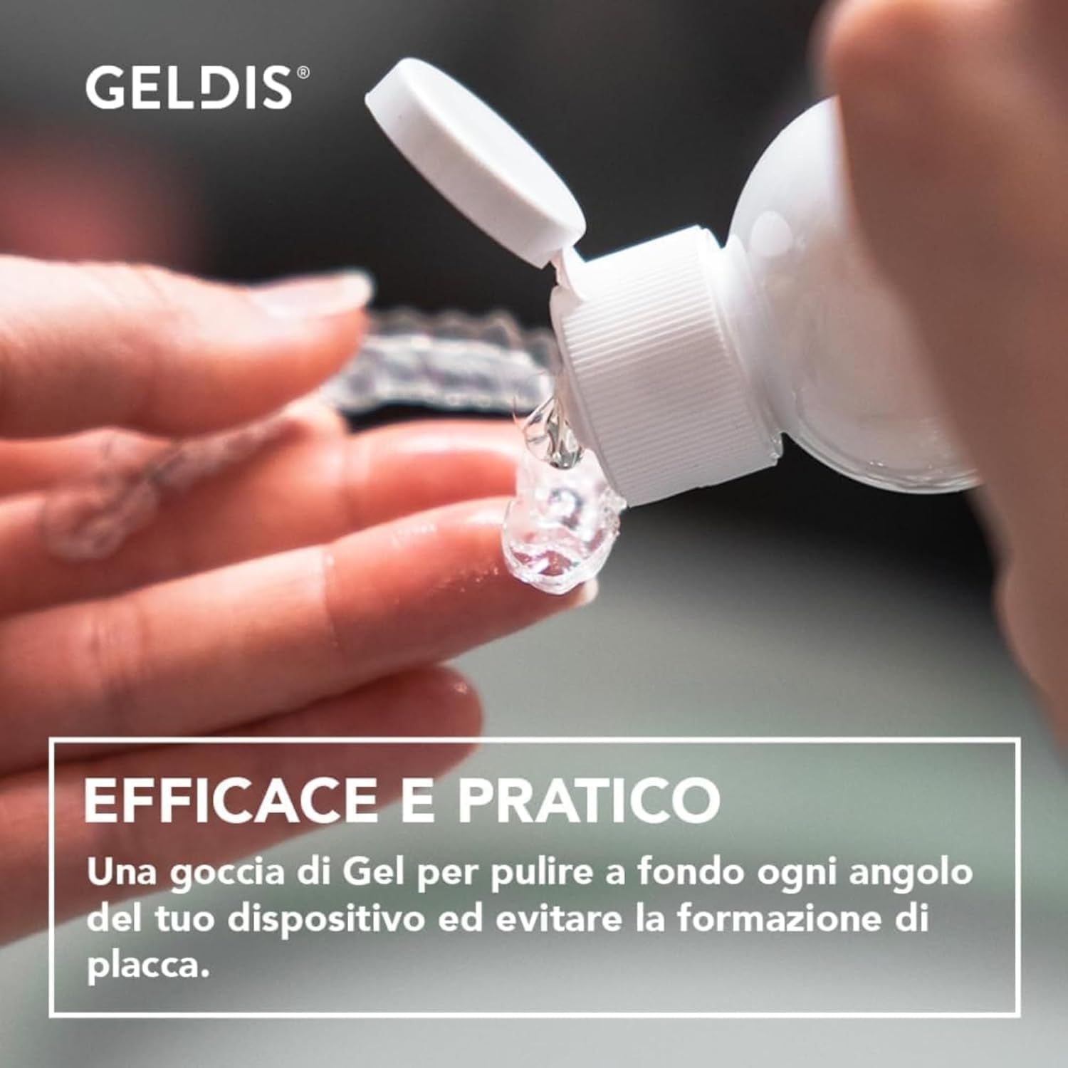 Detalle de GELDIS Daily Cleanser: Gel Detergente Igienizzante e Sbiancante per Mascherine, Apparecchi Ortodontici e Protesi