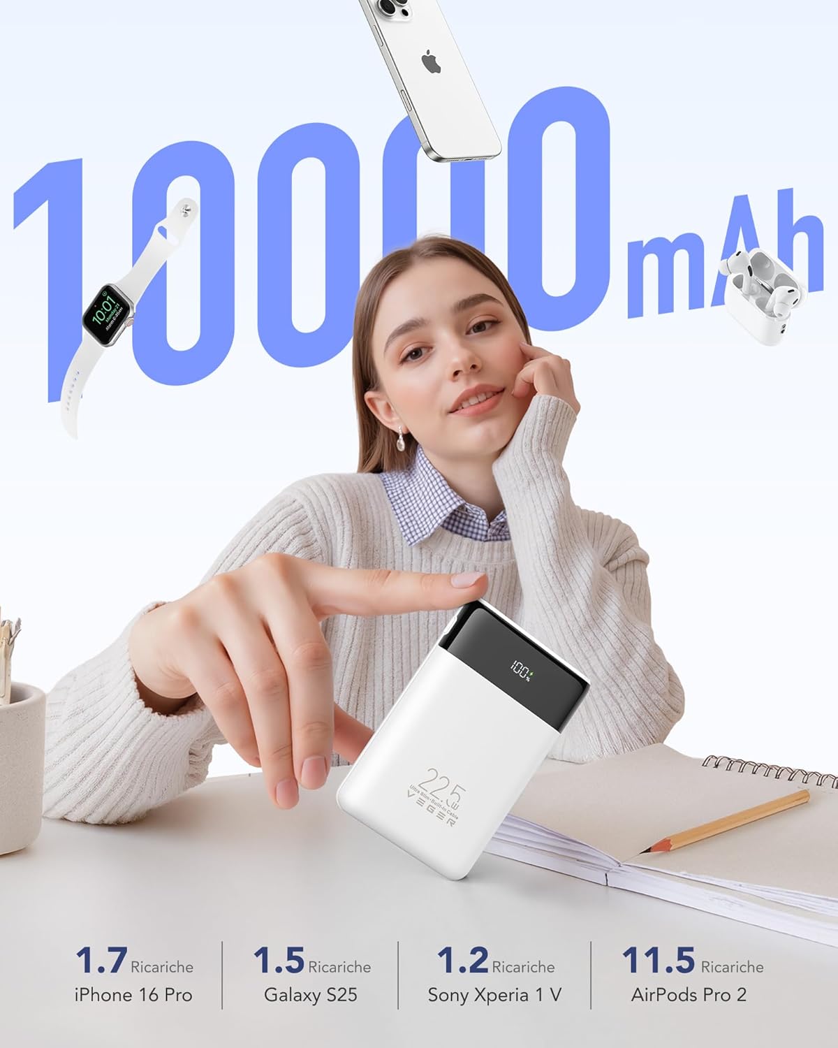 Detalle de VEGER Power Bank 10000mAh con Cavi Integrati e 22.5W PD: potenza in tasca