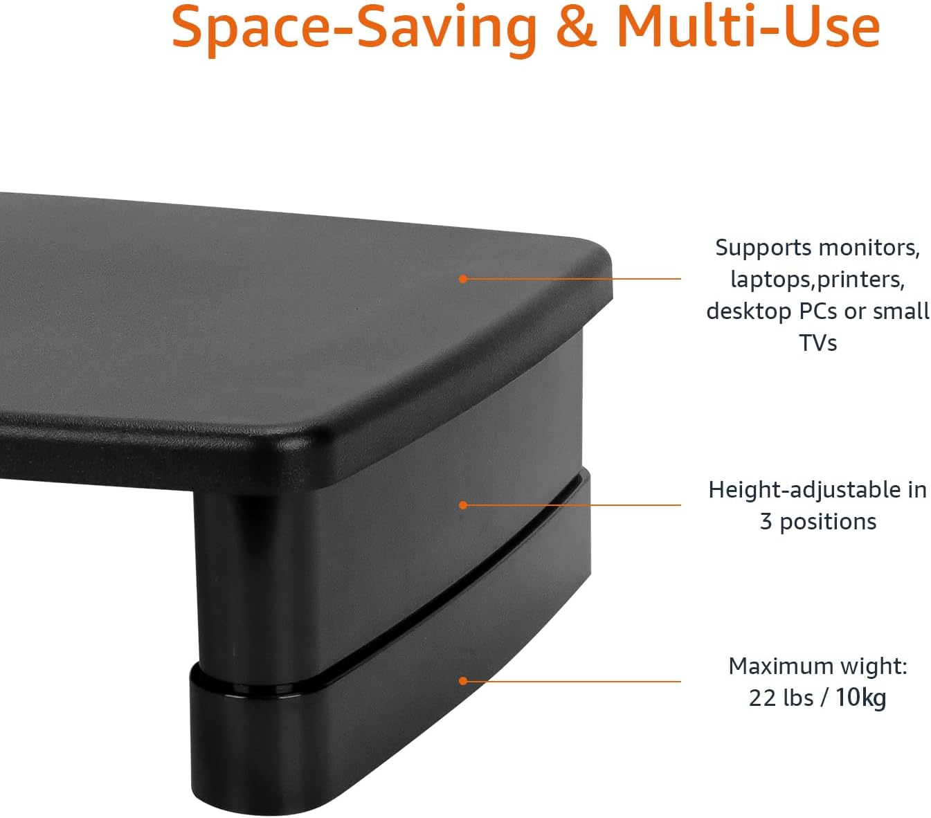 Thumbnail 2 de Amazon Basics Rectangular Adjustable Monitor Riser Desk Stand (Black) – Fits laptops/monitors up to 22lbs