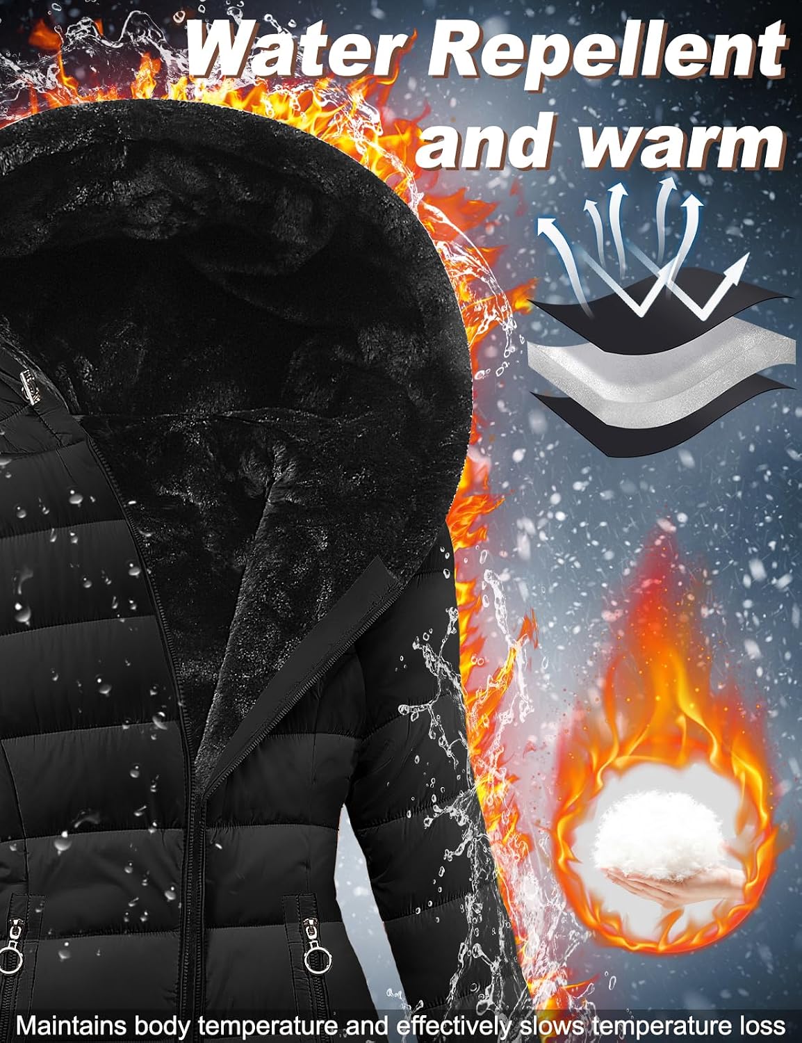 Detalle 2 de VXVGER Women's Long Fleece-Lined Hooded Coat, Wind-Resistant with Pockets