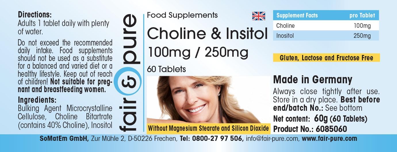 Detalle de Fair & Pure Cholin & Inositol 100 mg / 250 mg, 60 Tabletten – Hochdosierte Nahrungsergänzung aus Deutschland