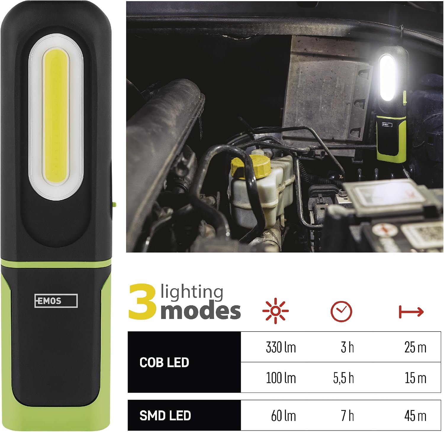 Detalle de EMOS P4537 ładowana lampa robocza LED 330 lm z magnesem, klipsem i hakiem