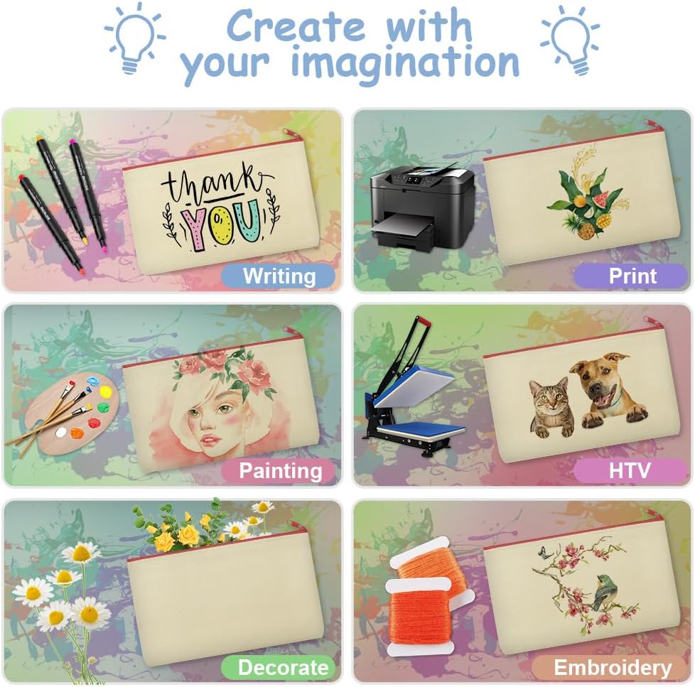 Detalle de Vicloon Canvas Zipper Bag set – 20 DIY canvas pencil pouches with 3 doodle templates (Black & Beige)