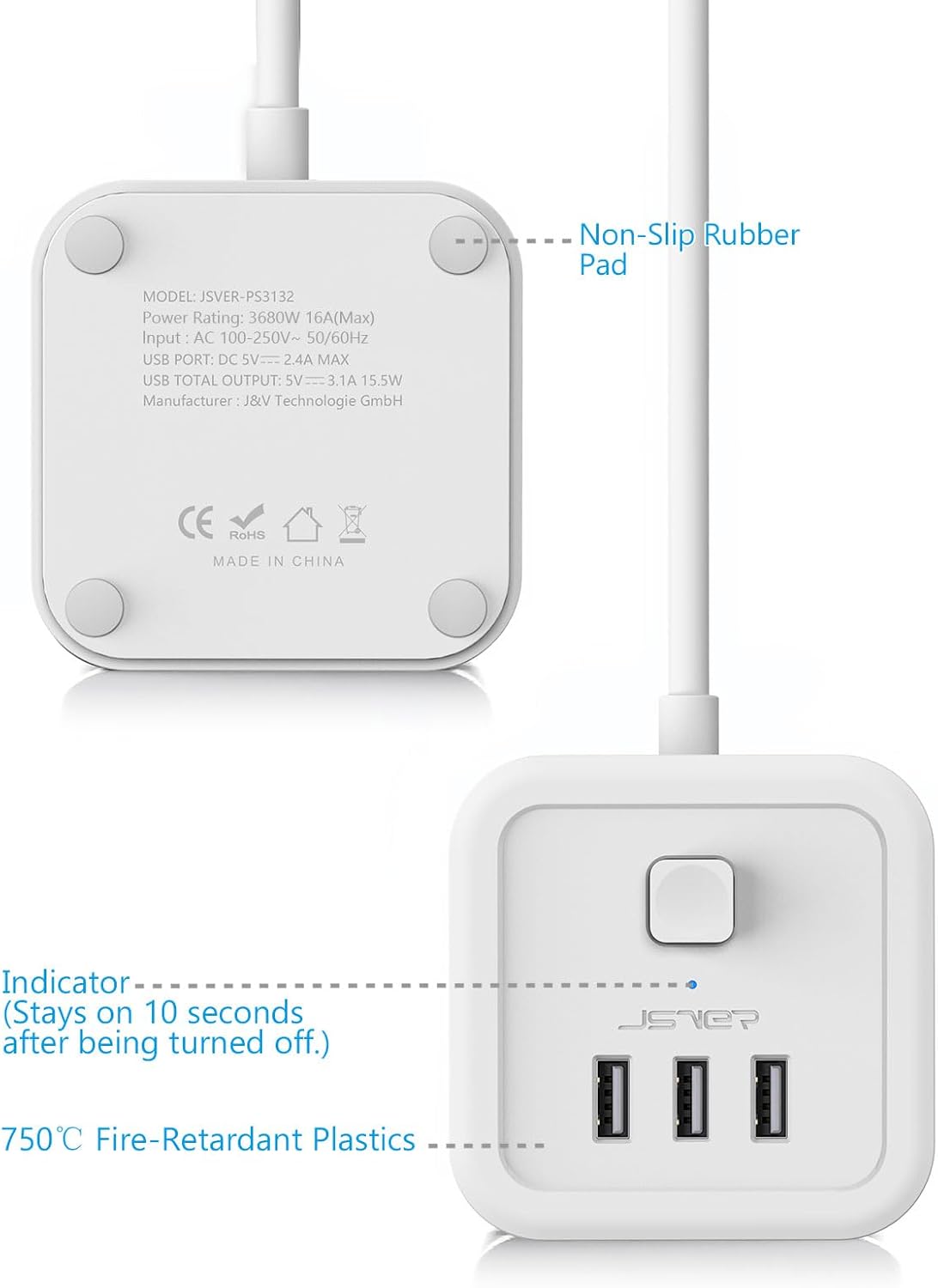 Thumbnail 5 de JSVER Multiprise Cube 3 prises 3680W