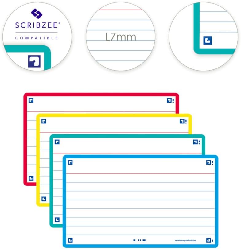 Thumbnail 2 de Oxford Flash Cards revision cards (assorted colours) ruled both sides, 7.5 x 12.5 cm, pack of 80