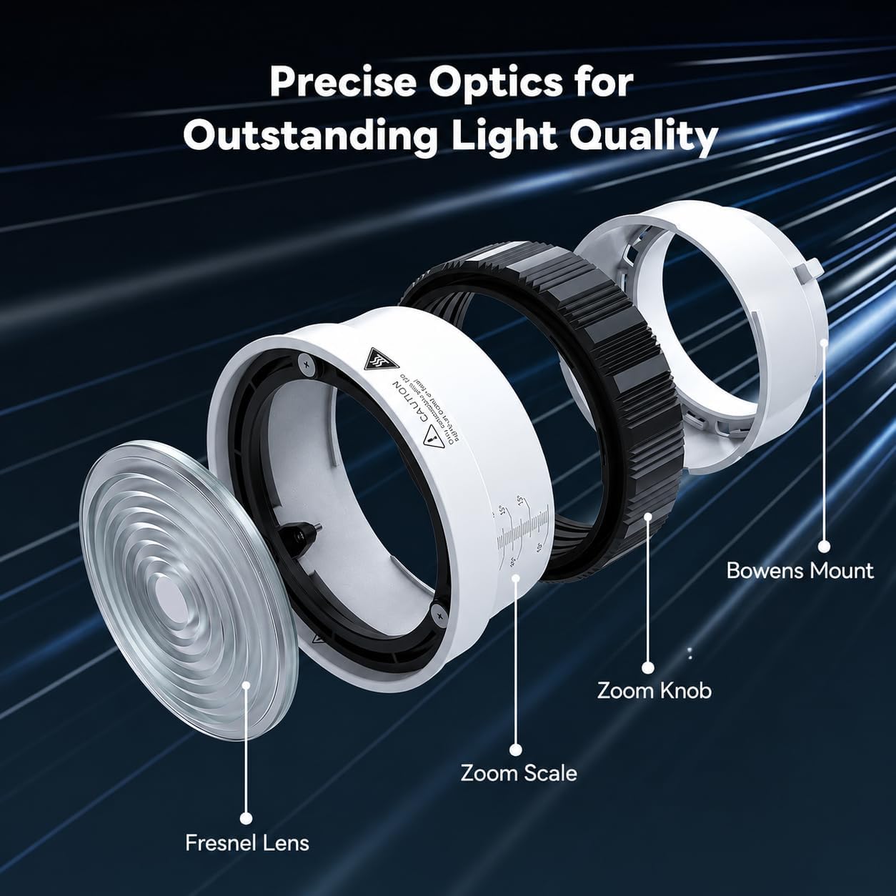 Detalle de DFCINE 10X Bowens Mount Fresnel Linse mit 4-flügeligen Barn Doors – 10–45° Fokus-Lichtformer für COB-Videoleuchten bis 200 W