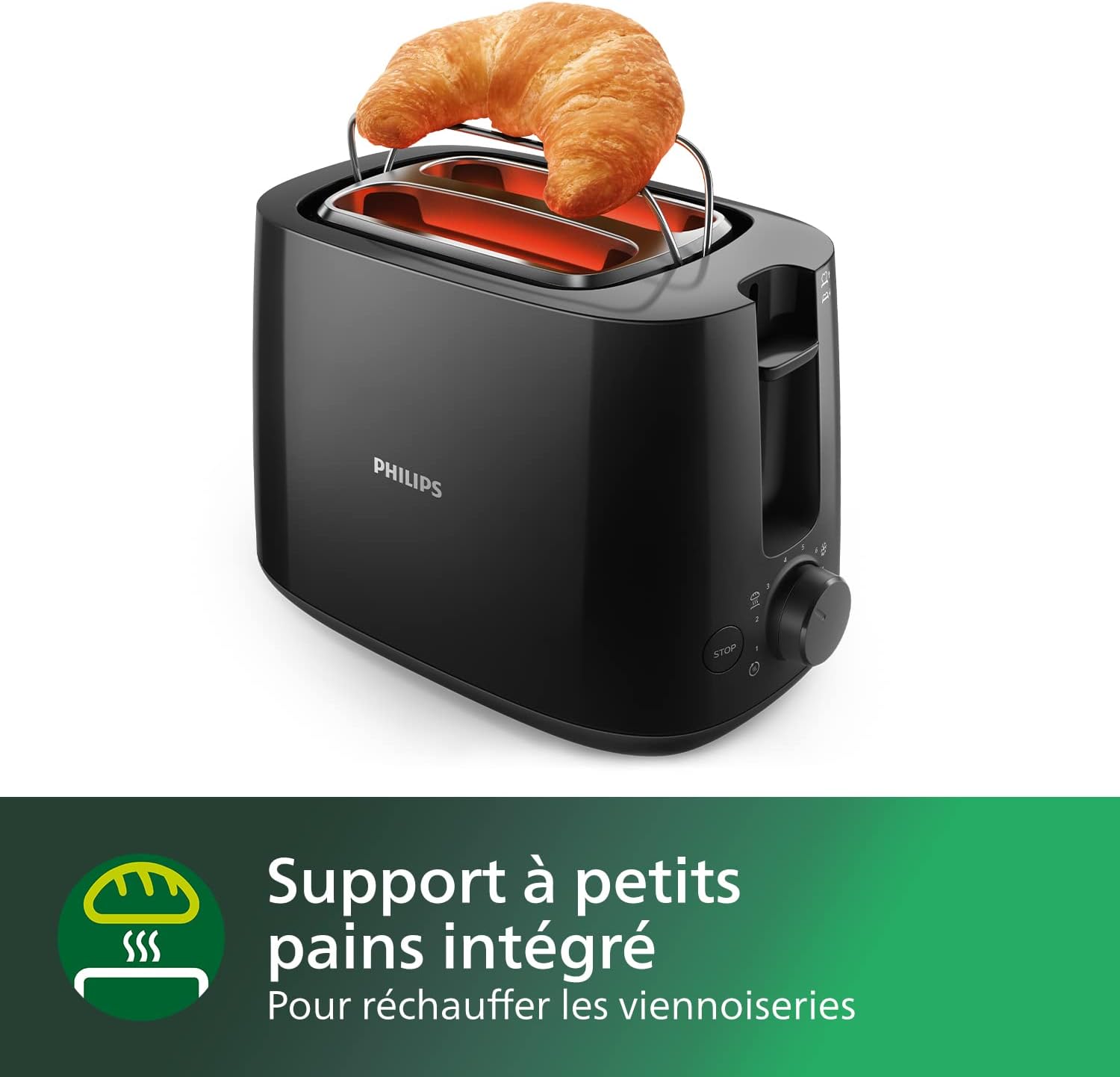 Detalle de PHILIPS Grille-pain Daily, 2 fentes larges, 8 réglages, 830W, Noir