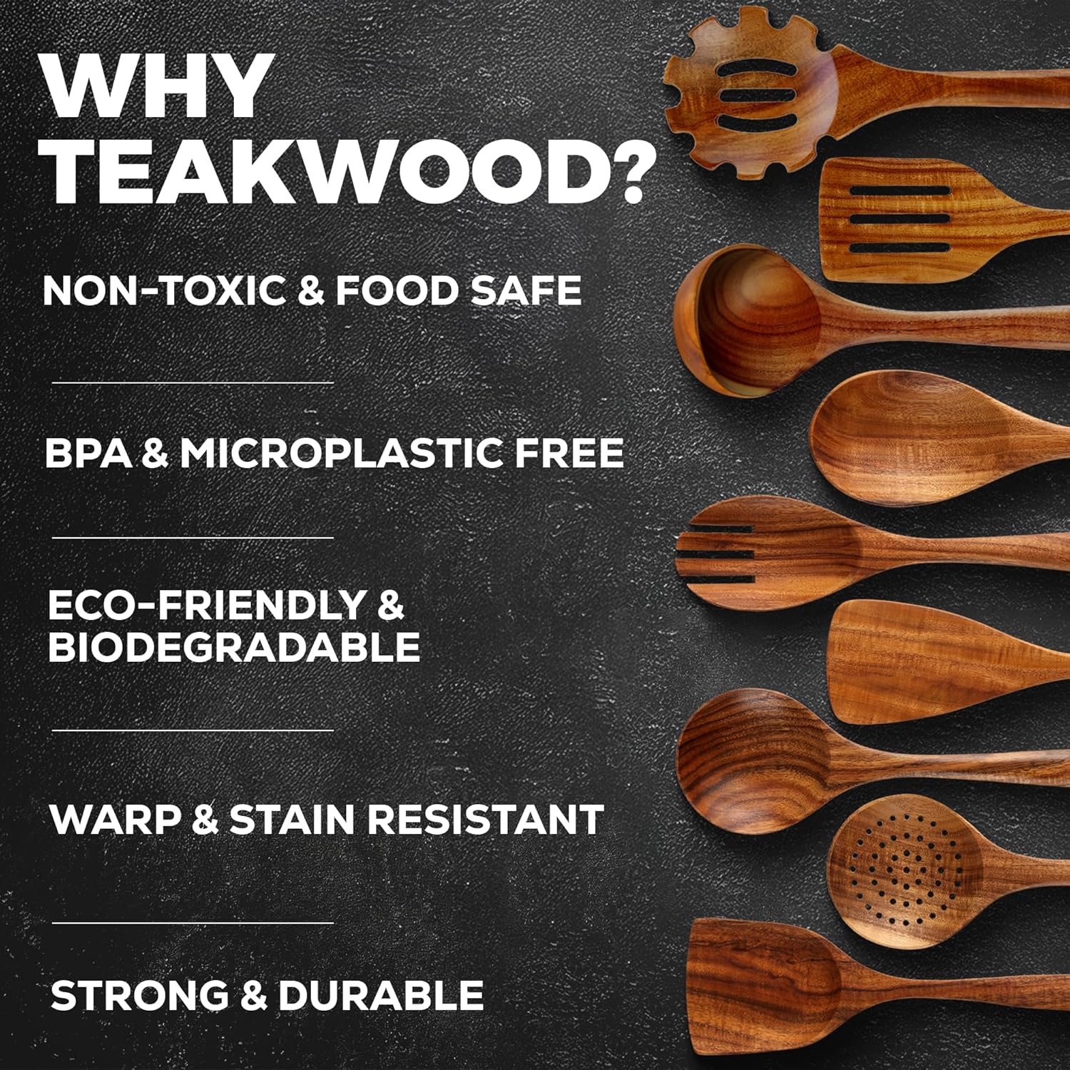Thumbnail 3 de Zulay Kitchen 9-Piece Teak Wood Cooking Utensil Set (Non-Scratch, Non-Toxic) with Comfortable Grip